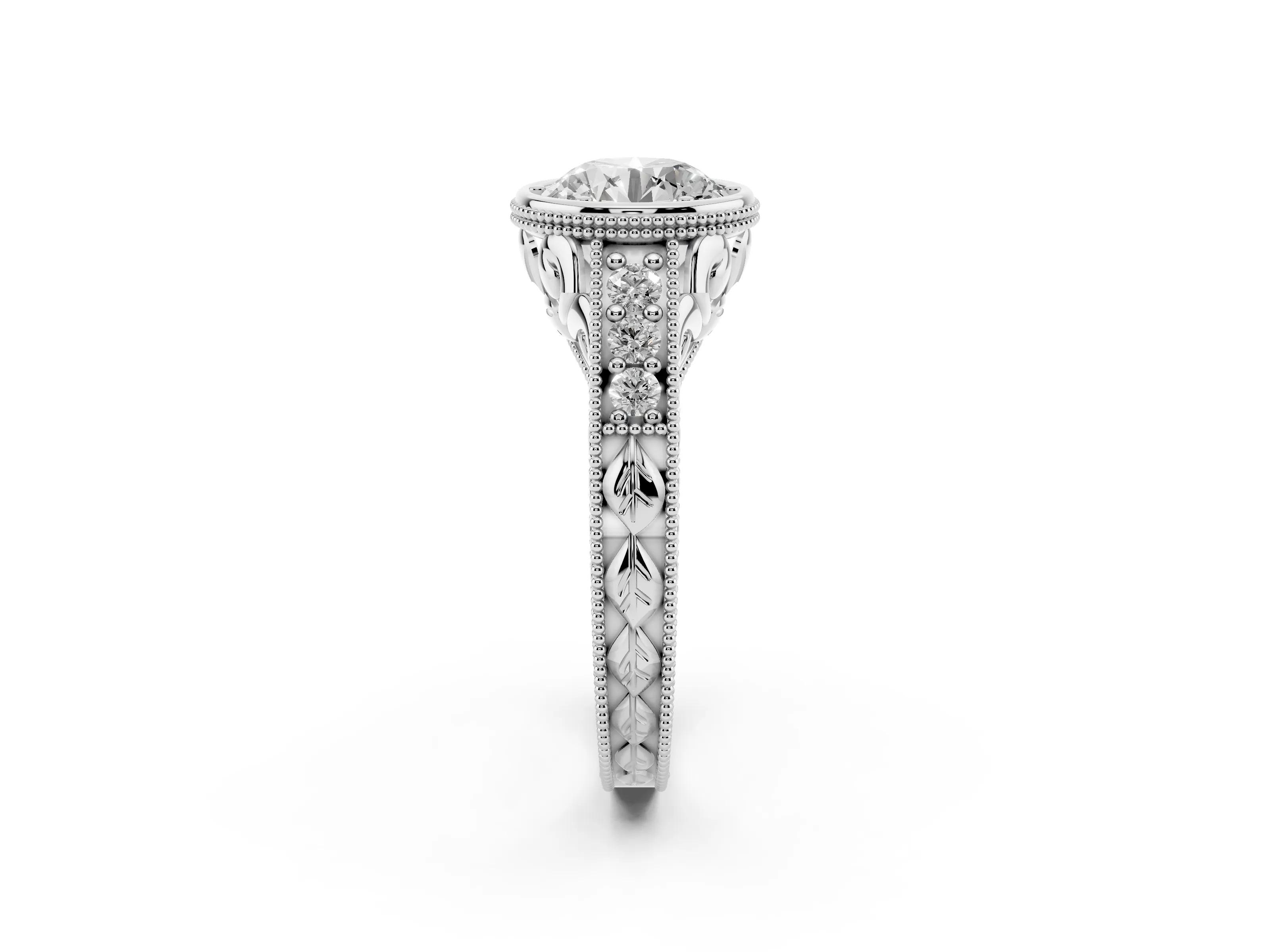 Bezel Set Round Cut Diamond Milgrain Pavé Engagement Ring Set in Silver