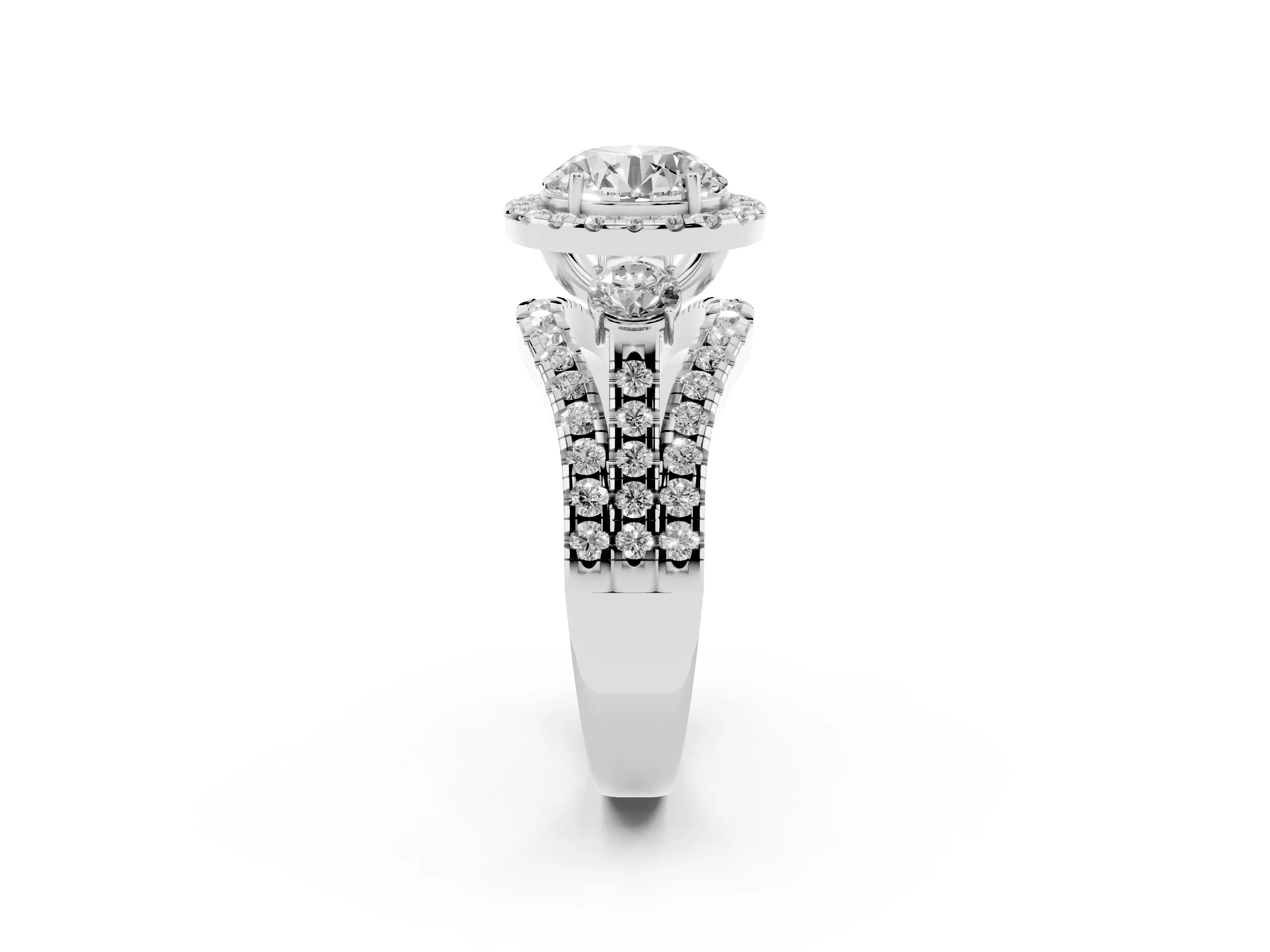 Round Cut Diamond Halo Split Shank Ring Set in Platinum with Round Accent Stones and Prong Setting