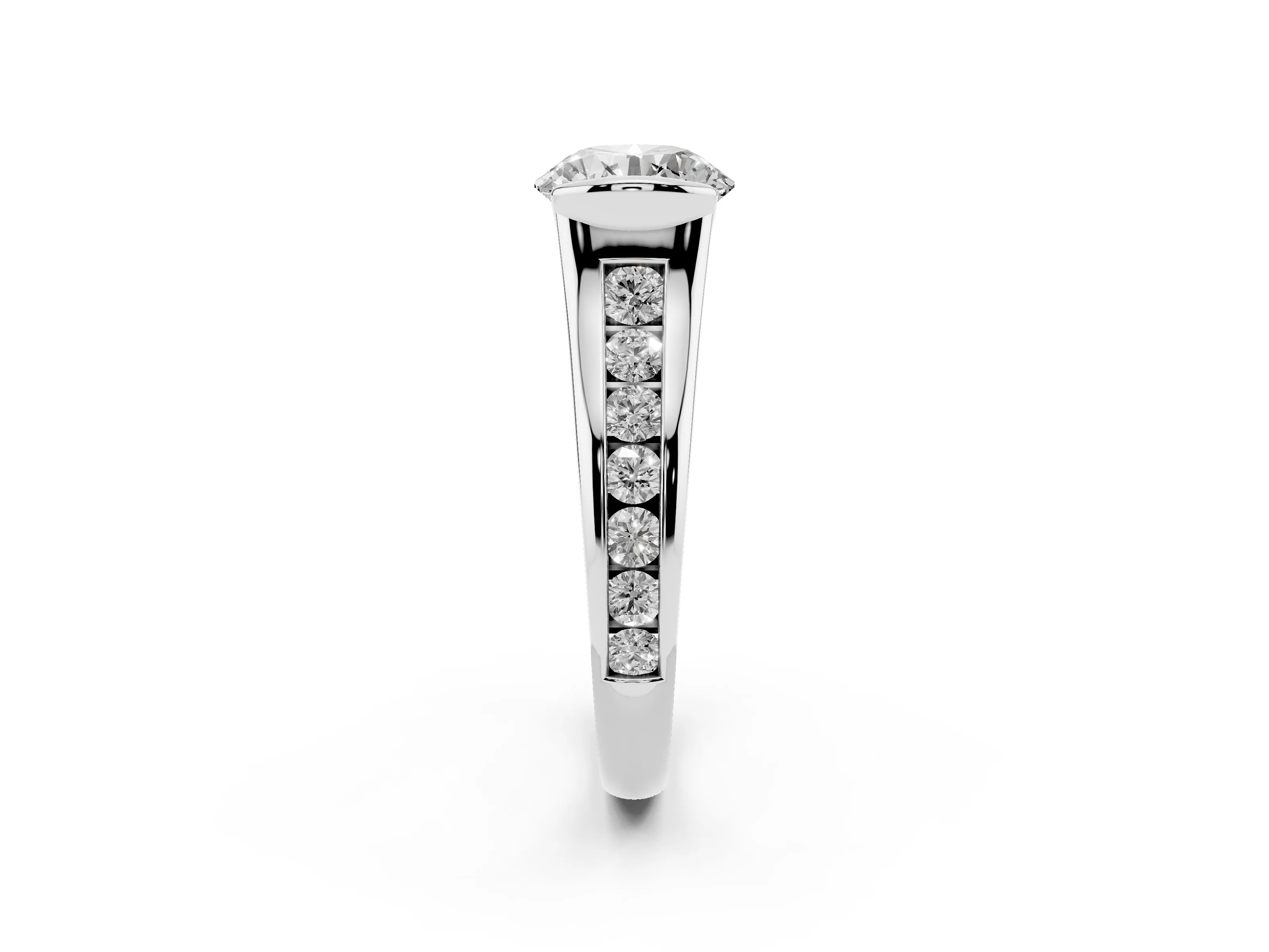 Round Cut Diamond Bezel-Set Solitaire Ring Set in White gold with Channel-Set Band