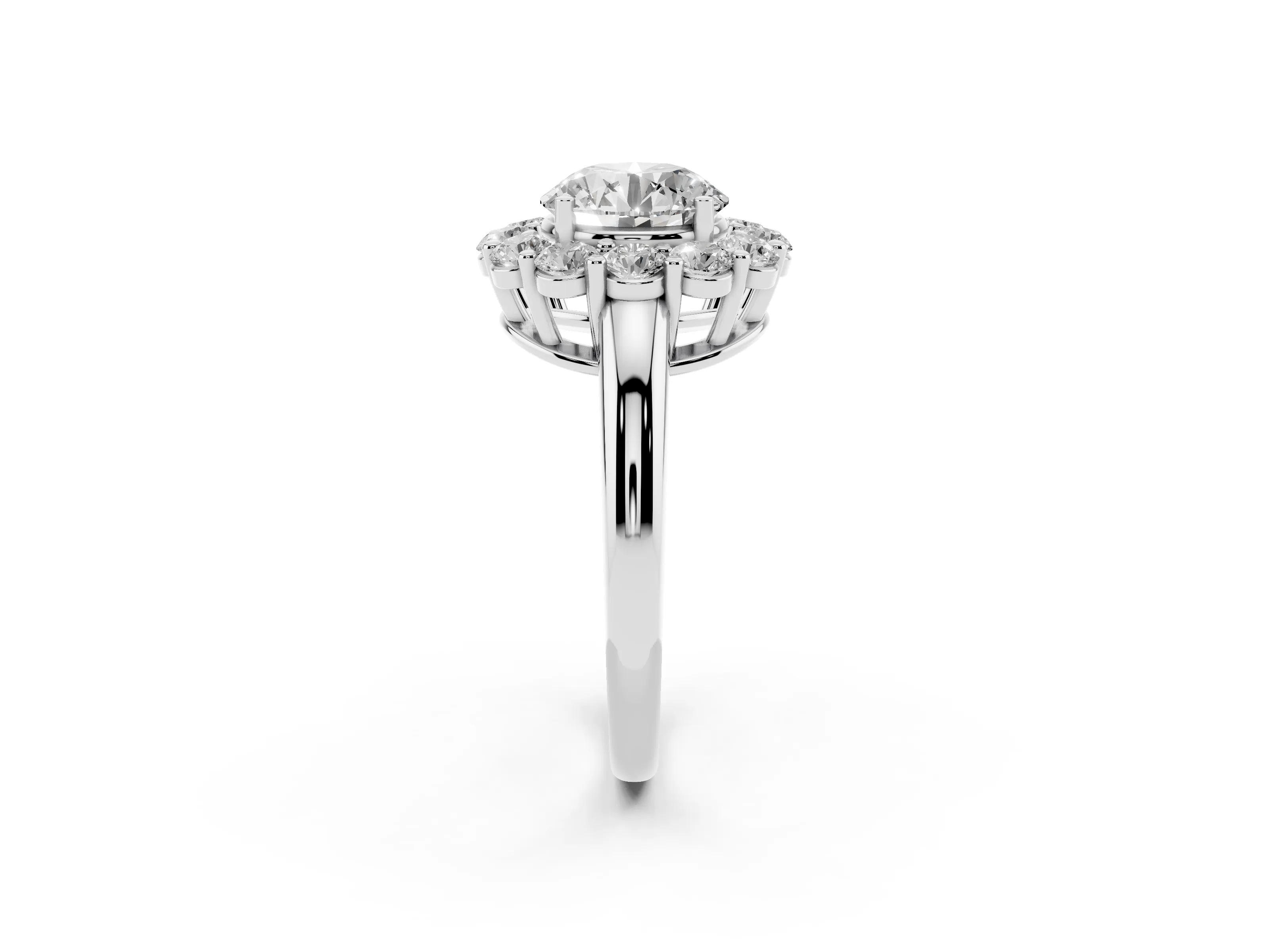 Round Cut Diamond Halo Cluster Engagement Ring Set in Platinum with Polished Band and Prong Setting