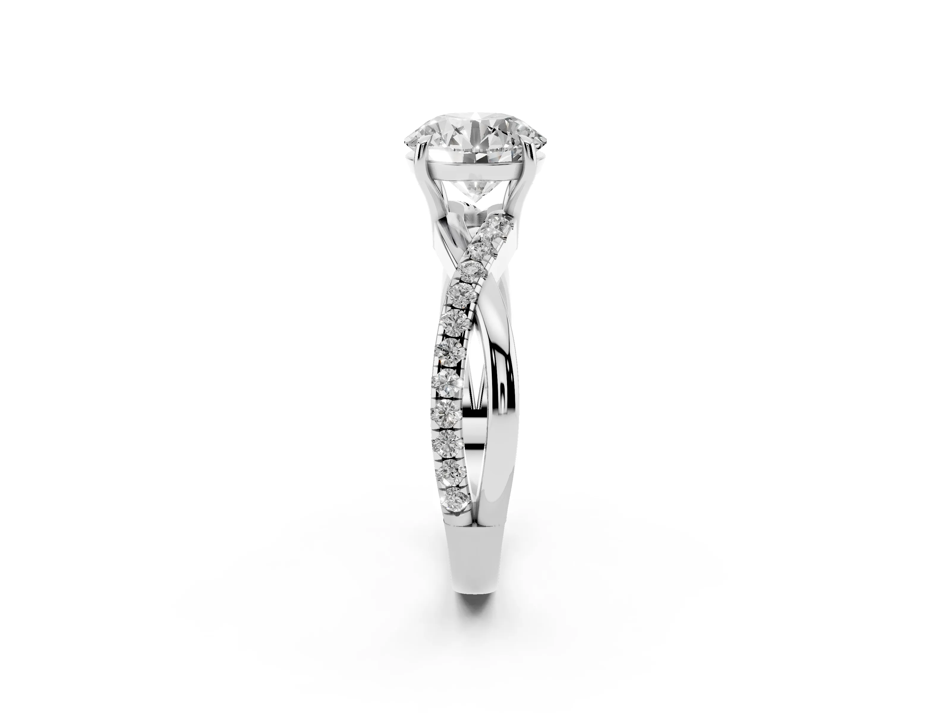 Round Cut Diamond Twisted Pavé Band Ring Set in White gold with Prong Setting