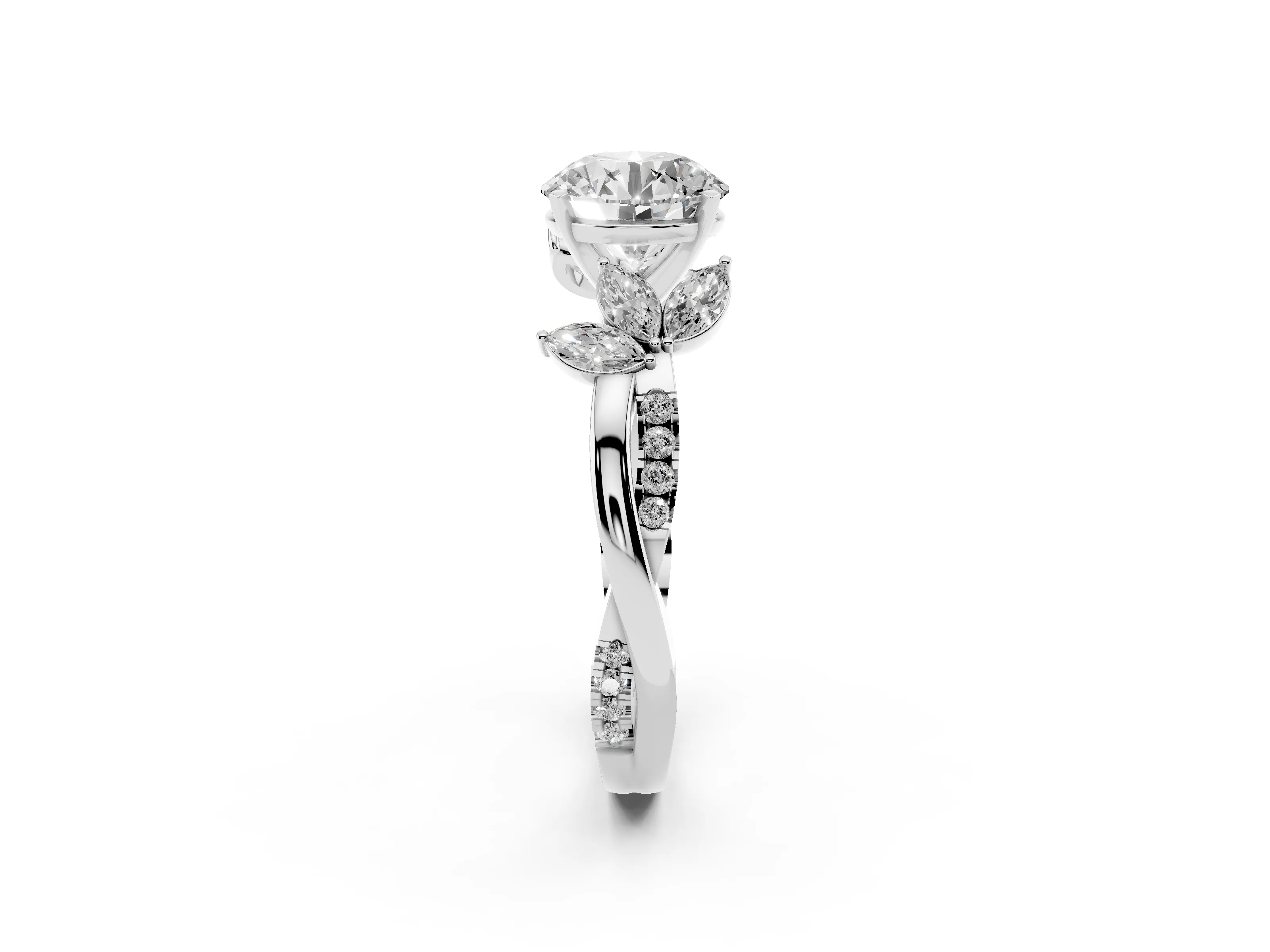 Round Cut Diamond Floral Vine Solitaire Engagement Ring Set in White gold with Marquise Leaves