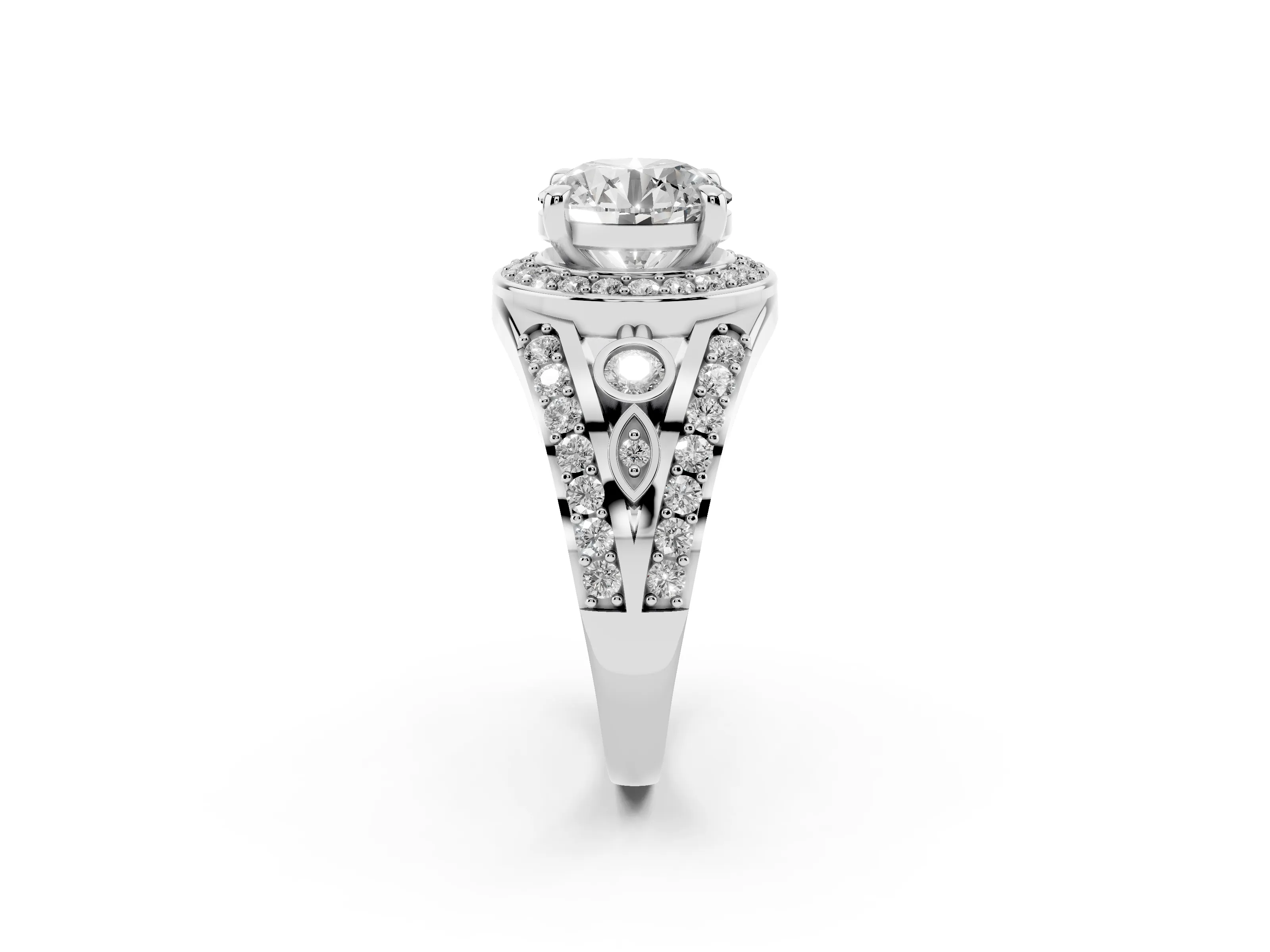 Round Cut Diamond Halo Ring Set in Silver with Pavé Split Shank and Bezel Accents