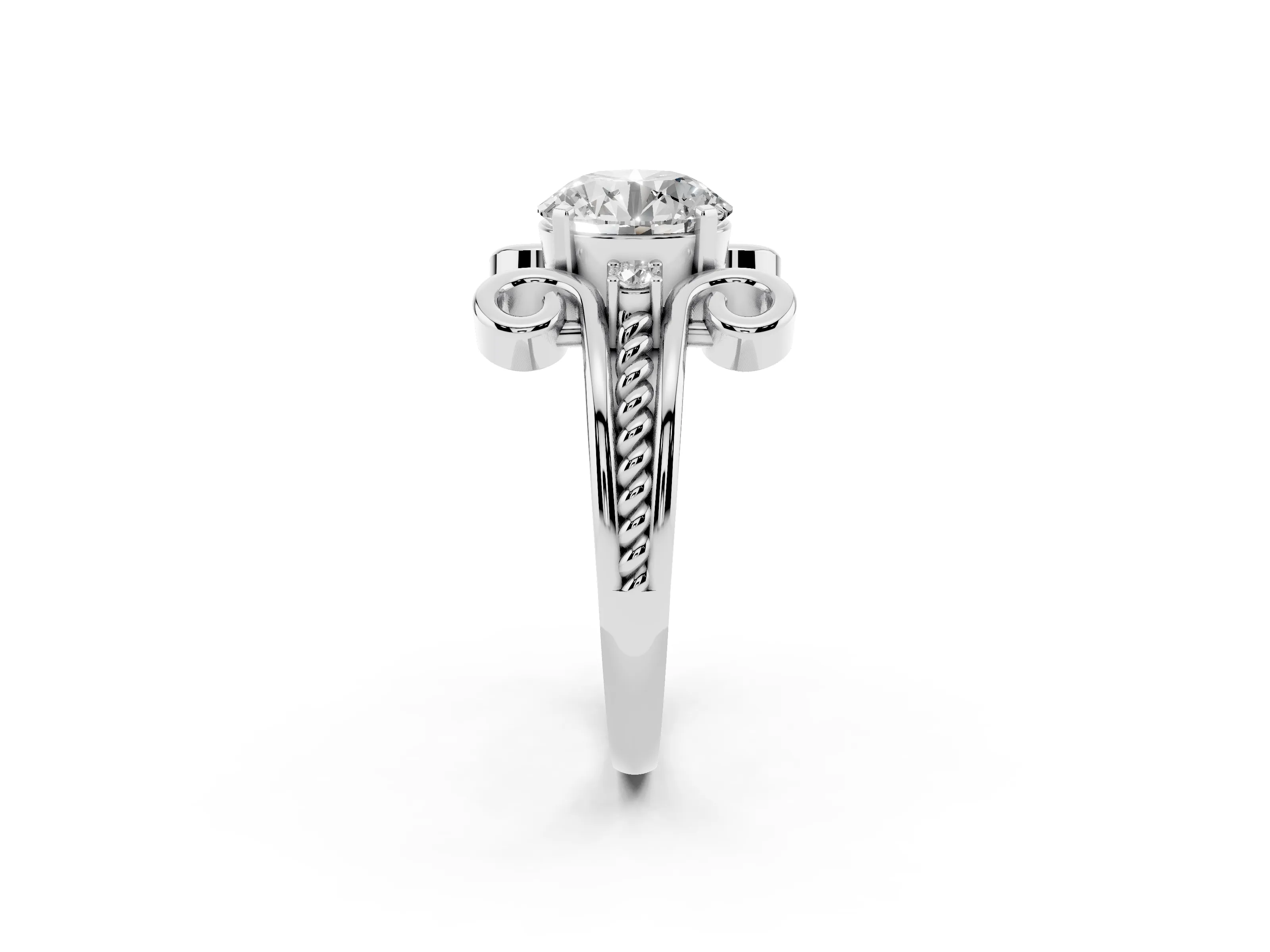 Round Cut Diamond Twisted Band Solitaire Ring Set in White gold with Scroll Prongs