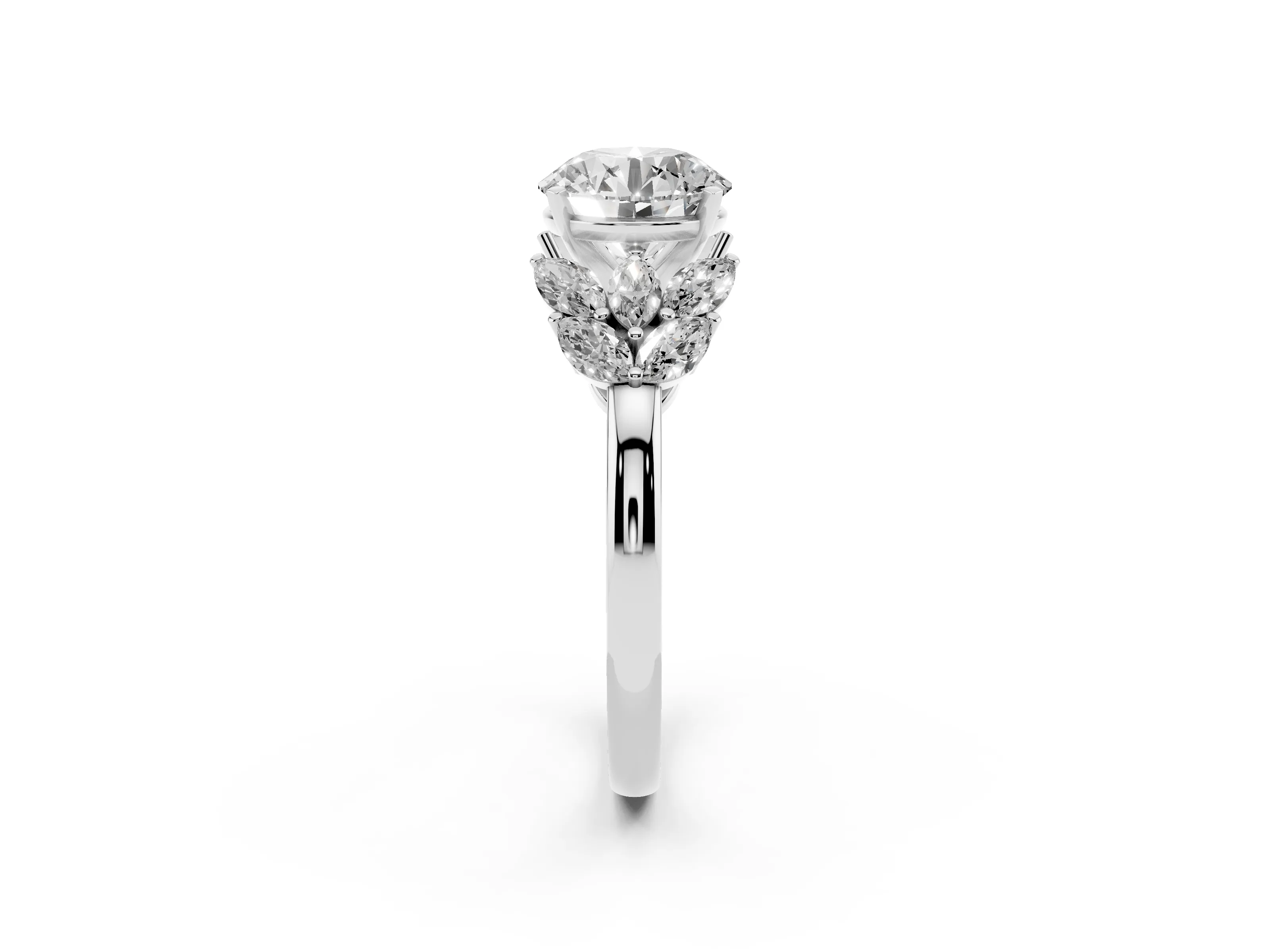 Round Cut Diamond Cluster Leaf Design Ring Set in Platinum with Prong Setting