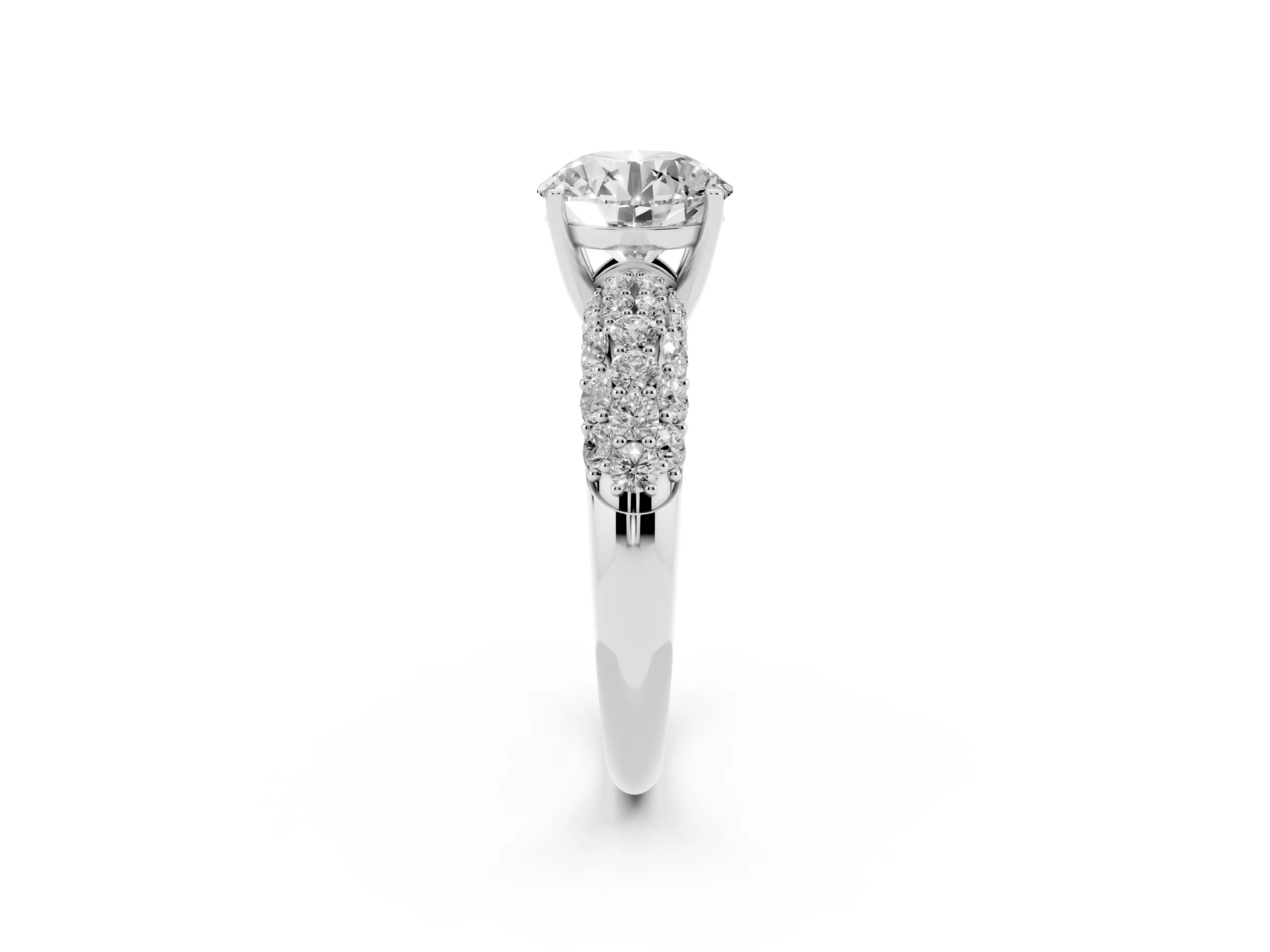 Round Cut Diamond Pavé Band Solitaire Ring Set in White gold with Close-Set Accent Stones and Prong Setting