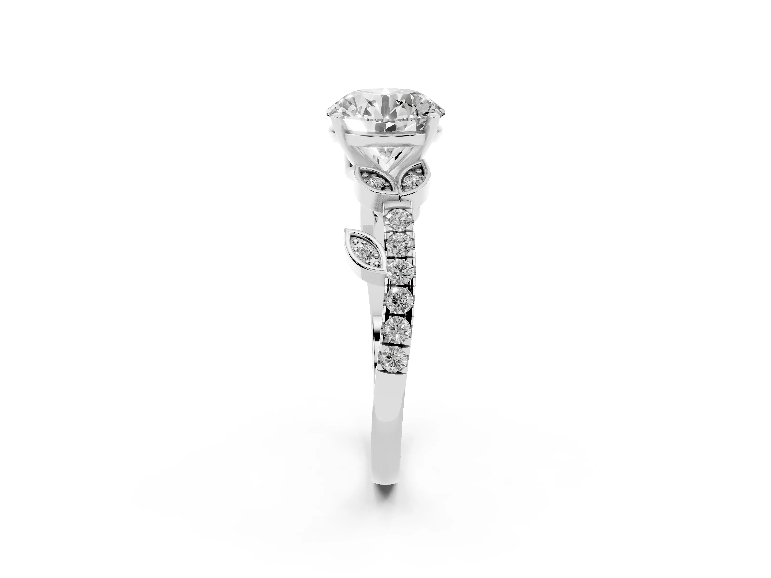 Round Cut Diamond Solitaire Leaf-Inspired Ring Set in Platinum with Pavé Band and Prong Setting