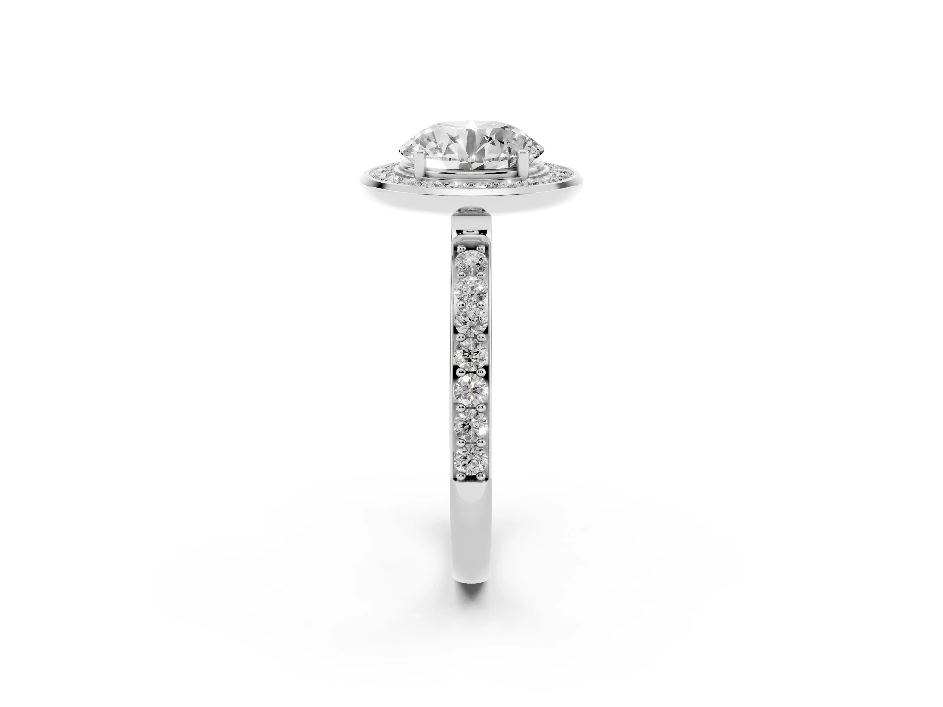 Round Cut Diamond Halo Ring Set in Silver with Bezel Frame and Pavé Band