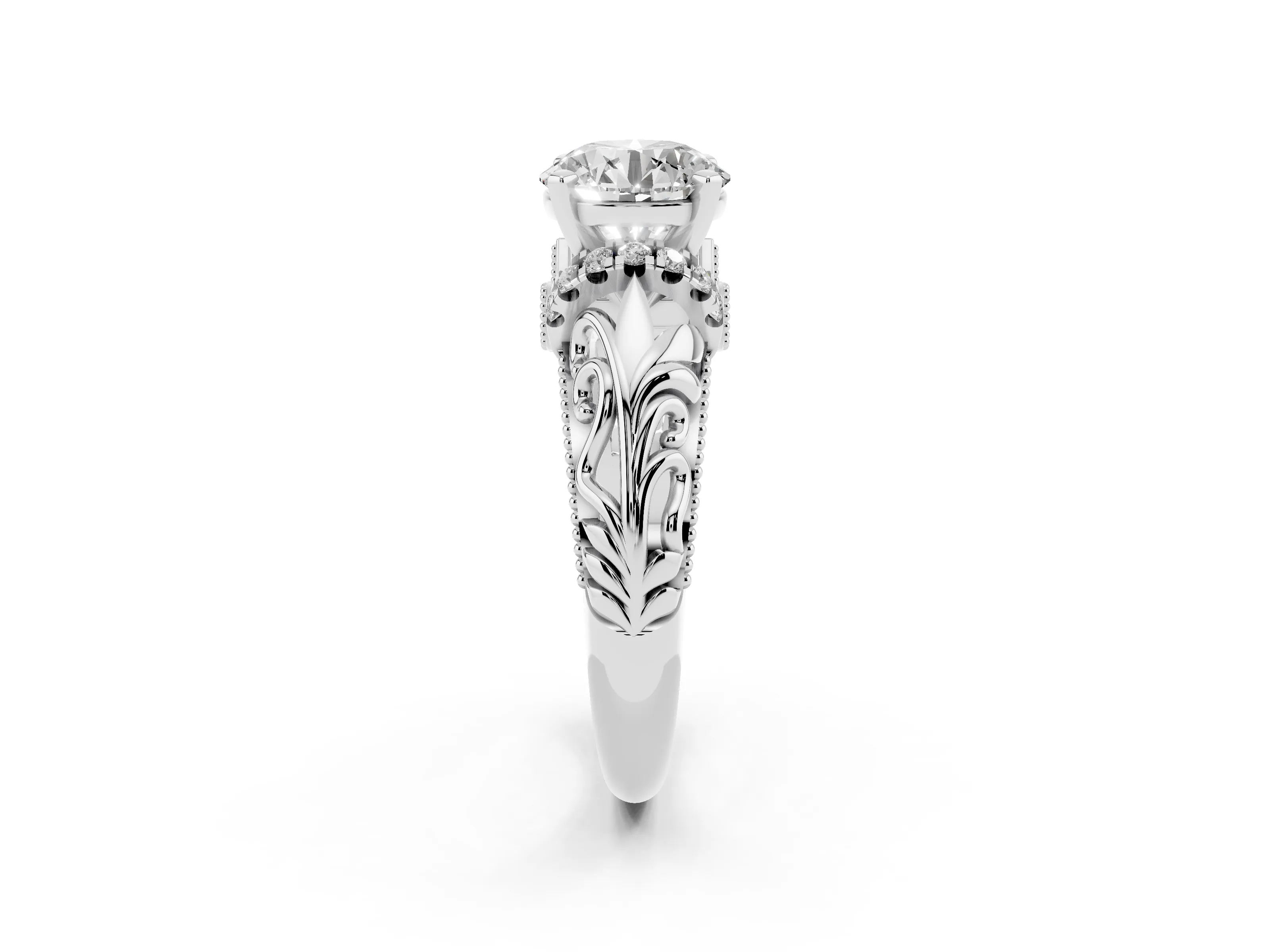Round Cut Diamond Filigree Halo Engagement Ring Set in White gold with Prong Setting