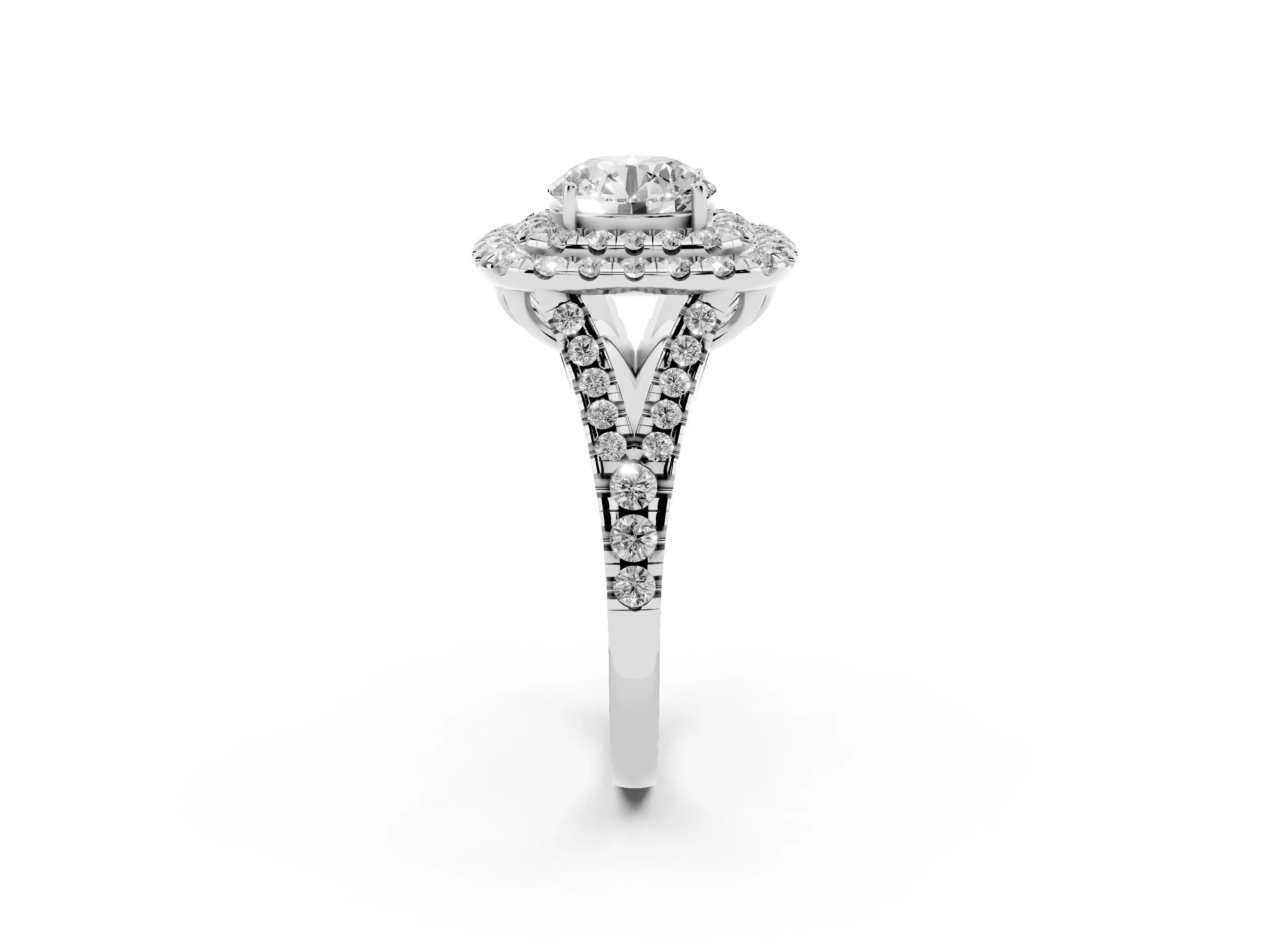 Round Cut Diamond Double Halo Ring Set in Silver with Pavé Split Shank and Prong Setting