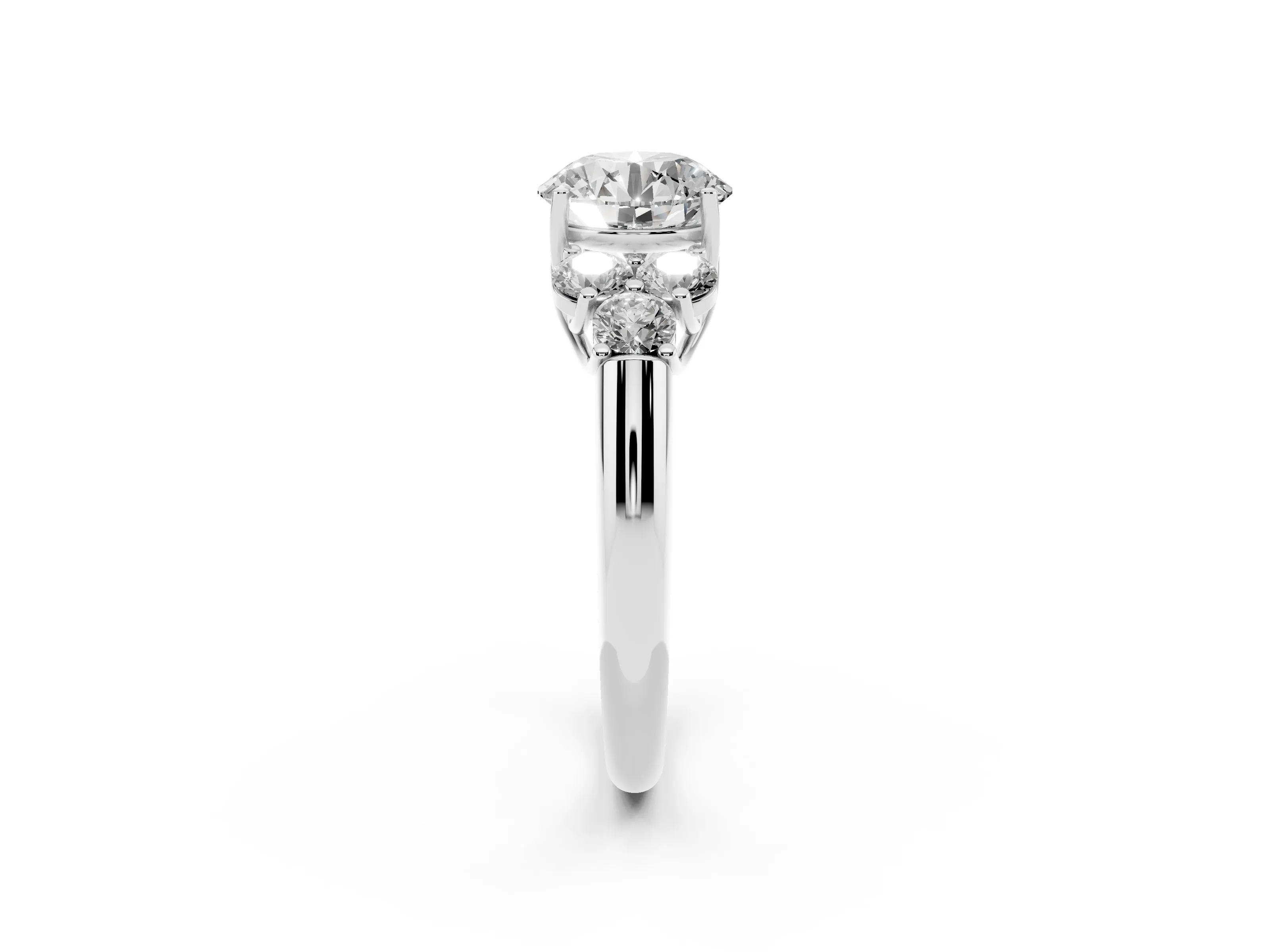 Round Cut Diamond Cluster Ring Set in Platinum with Round Accent Stones and Prong Setting on a Plain Band