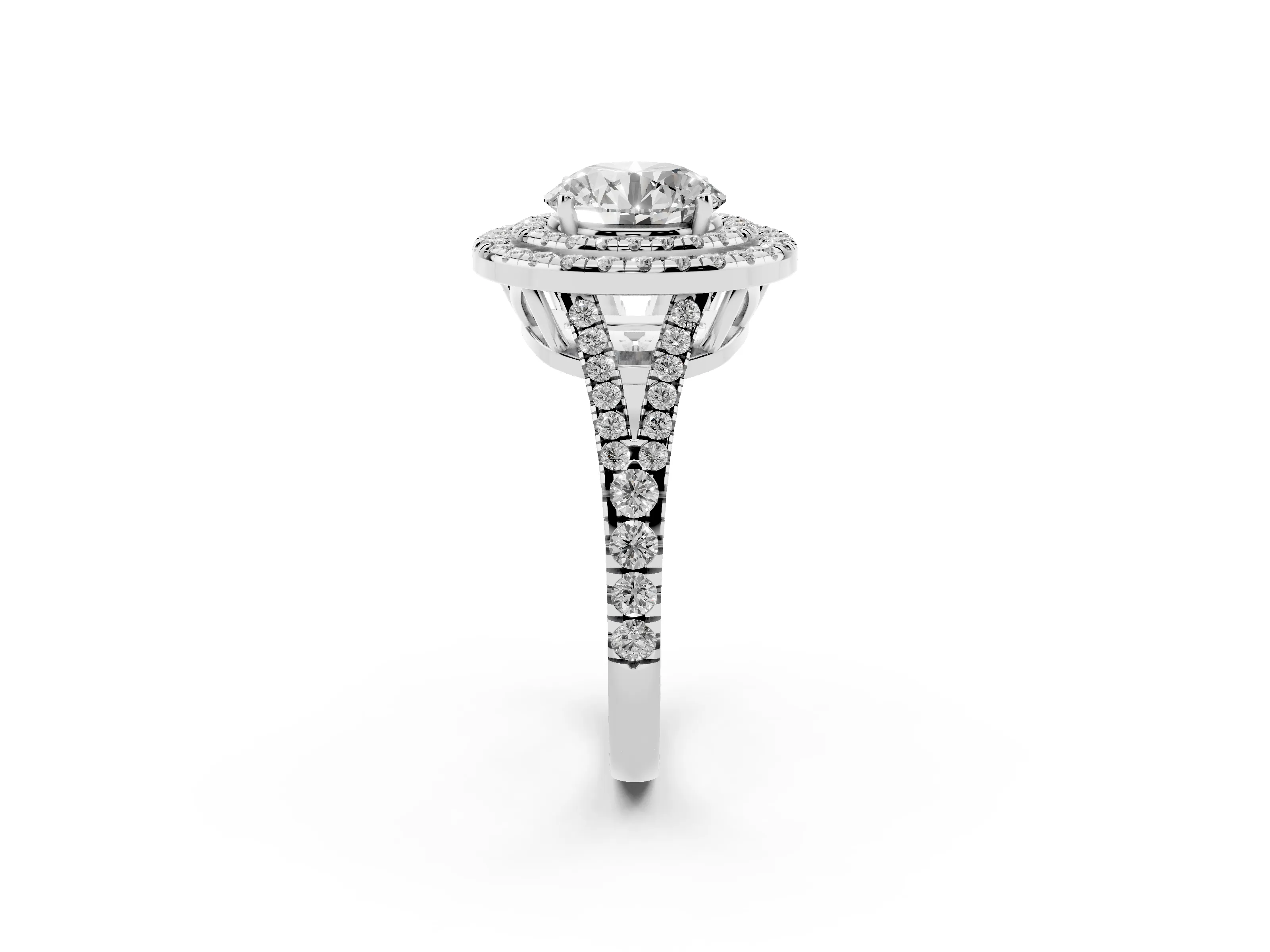 Round Cut Diamond Double Halo Ring Set in Silver with Pavé Band