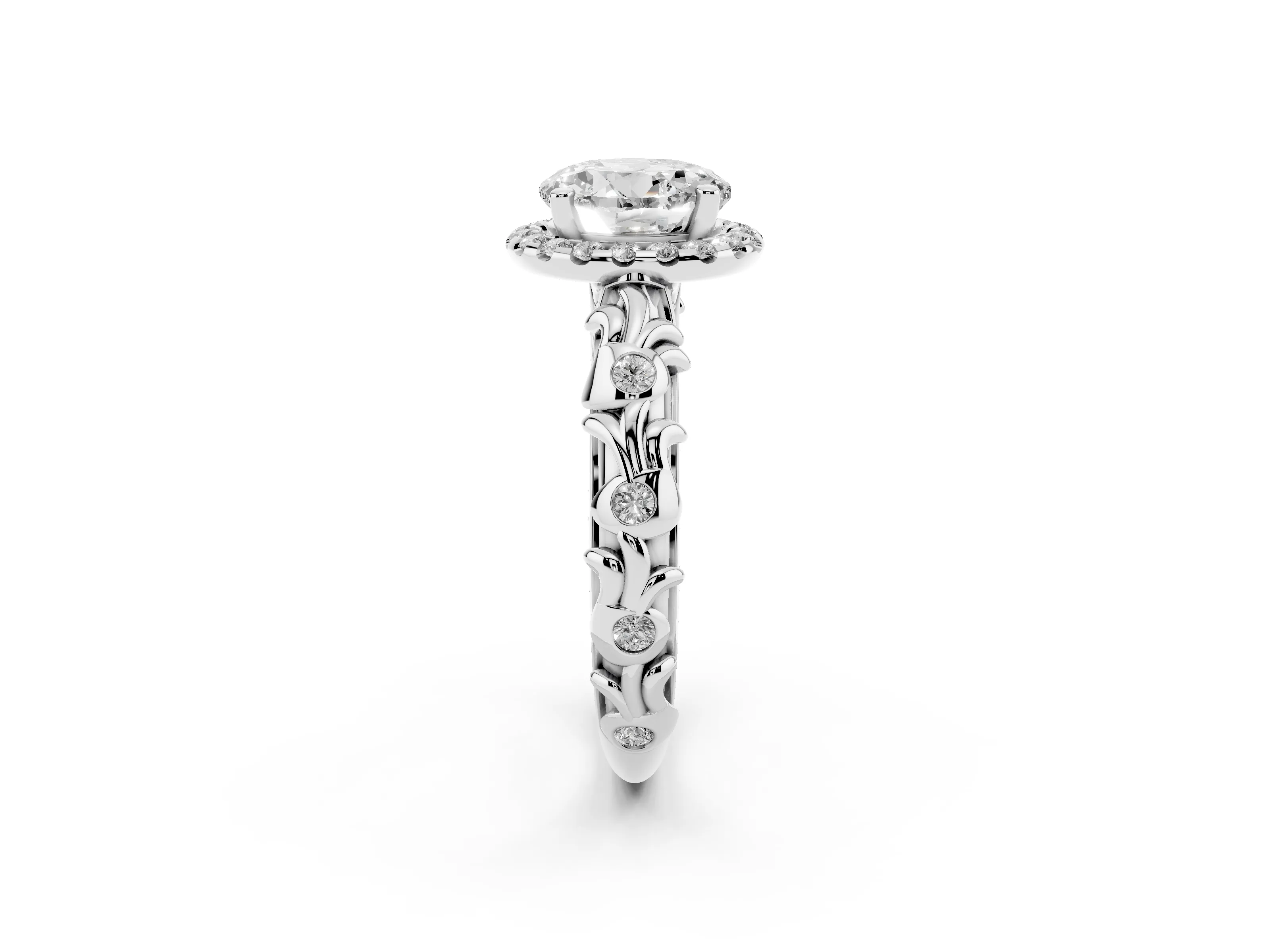 Round Cut Diamond Halo Ring Set in Platinum with Filigree Leaf Band and Prong Setting