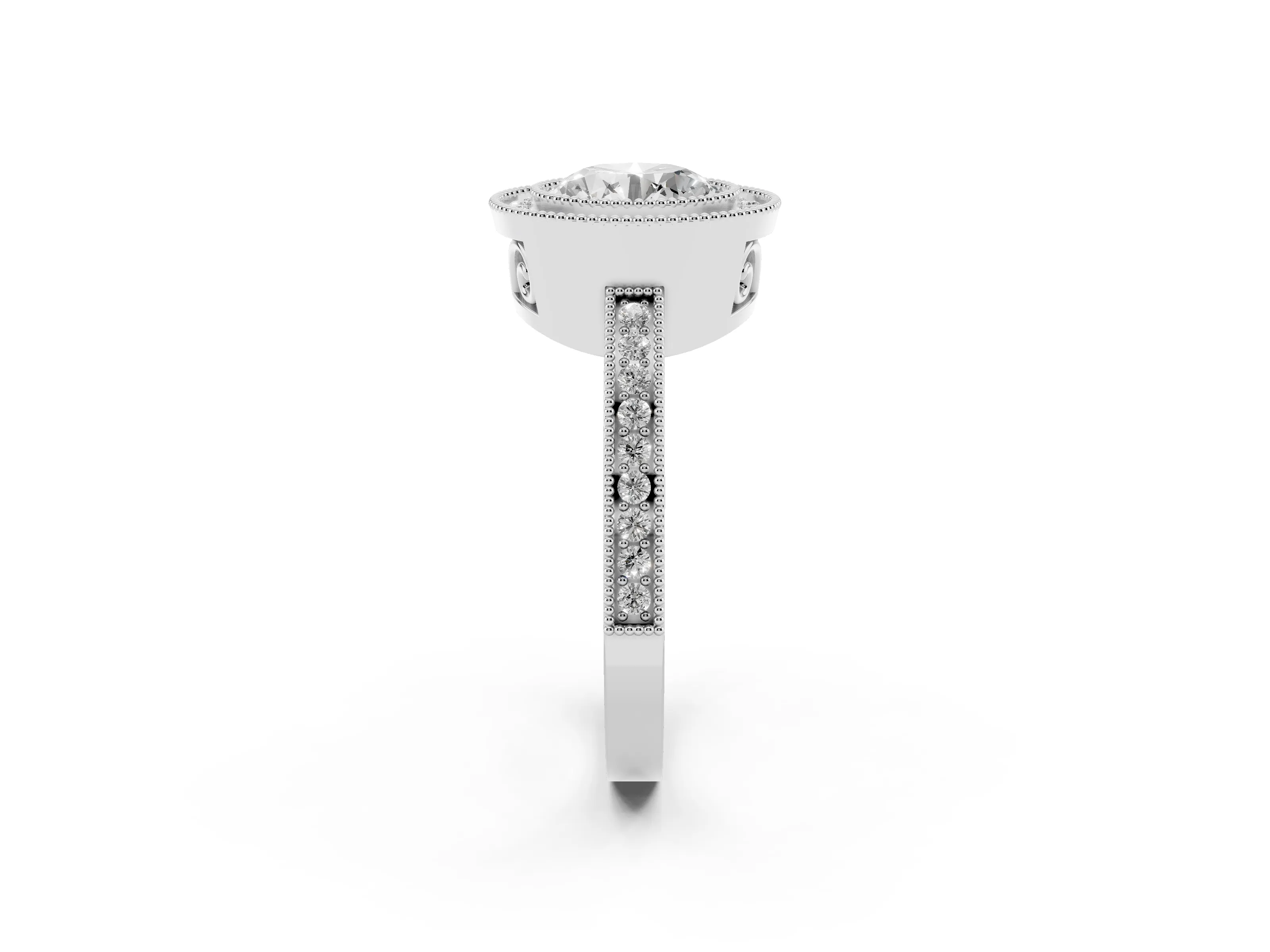Round Cut Diamond Halo Ring Set in White gold with Pavé Band and Milgrain-Edged Prongs