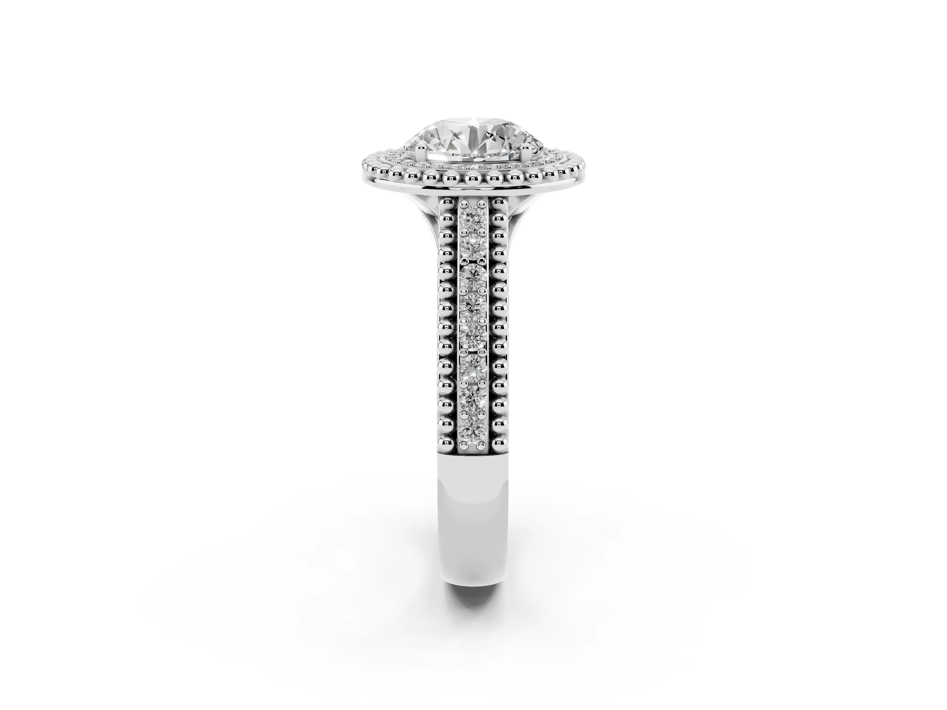 Round Cut Diamond Halo Ring Set in Platinum with Beaded Split Shank and Prong Setting