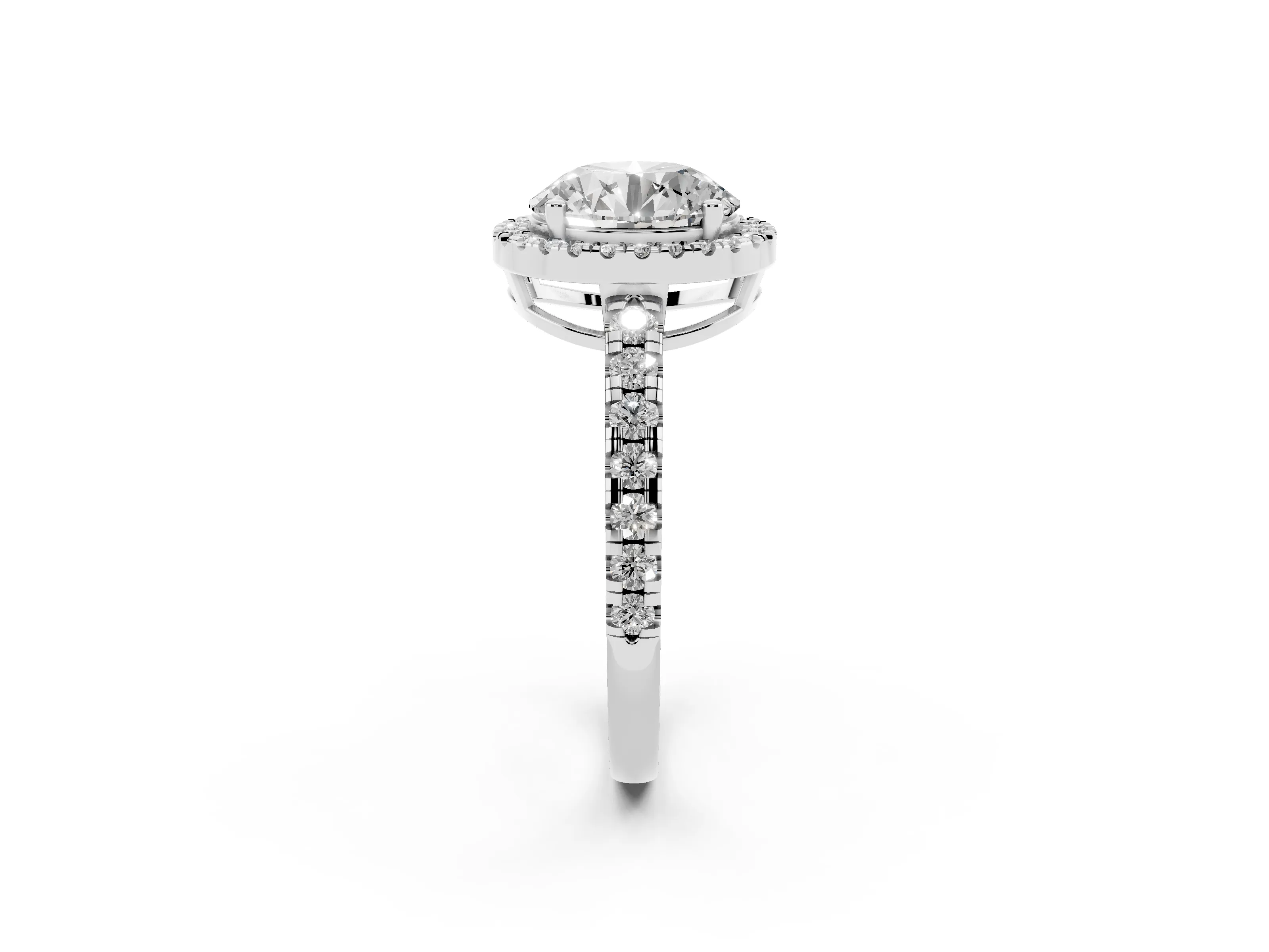 Round Cut Diamond Halo Ring Set in Silver with Delicate Pavé Band and Prong Setting