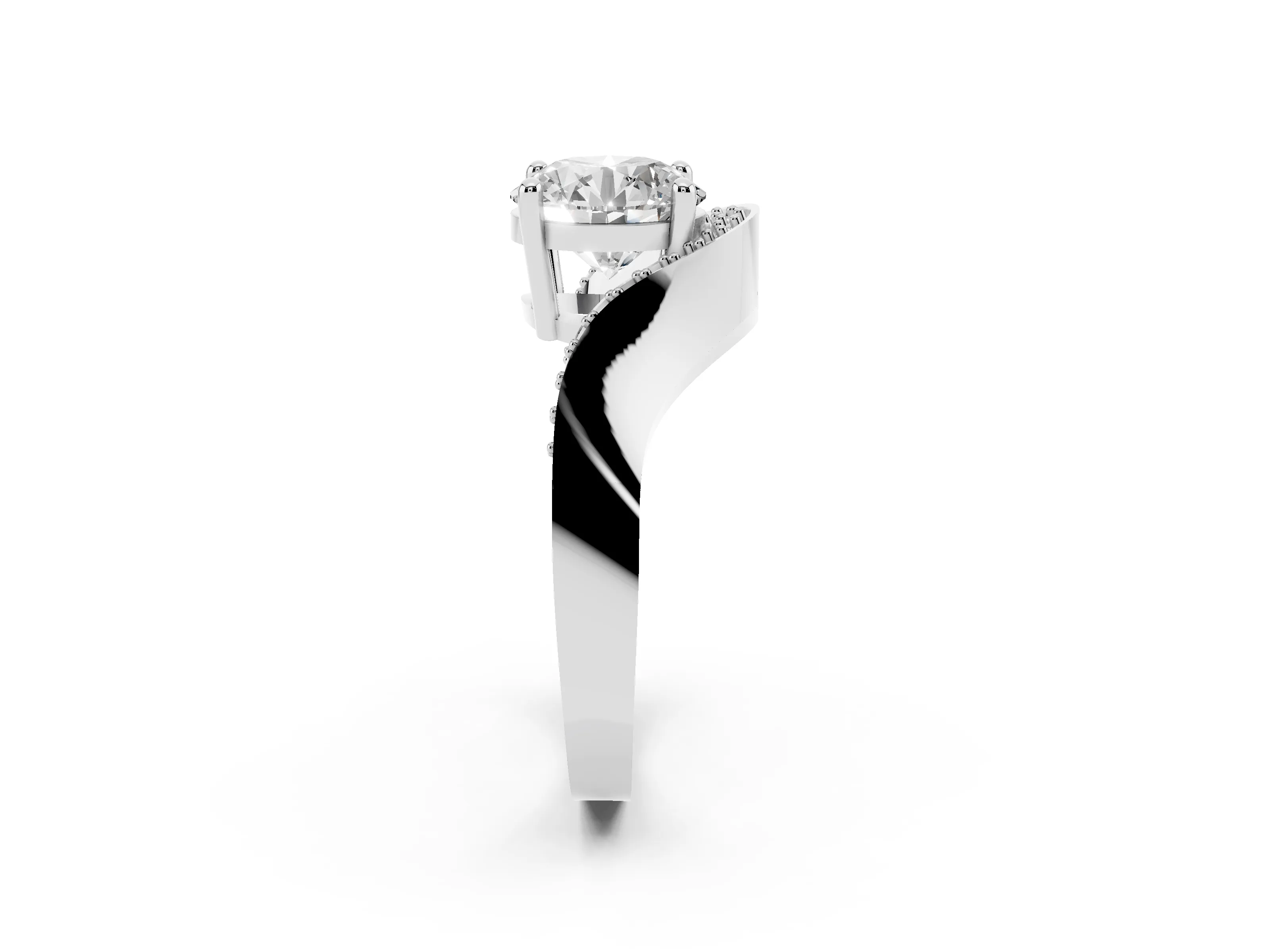 Round Cut Diamond Solitaire Engagement Ring Set in Silver with Pavé Shoulders