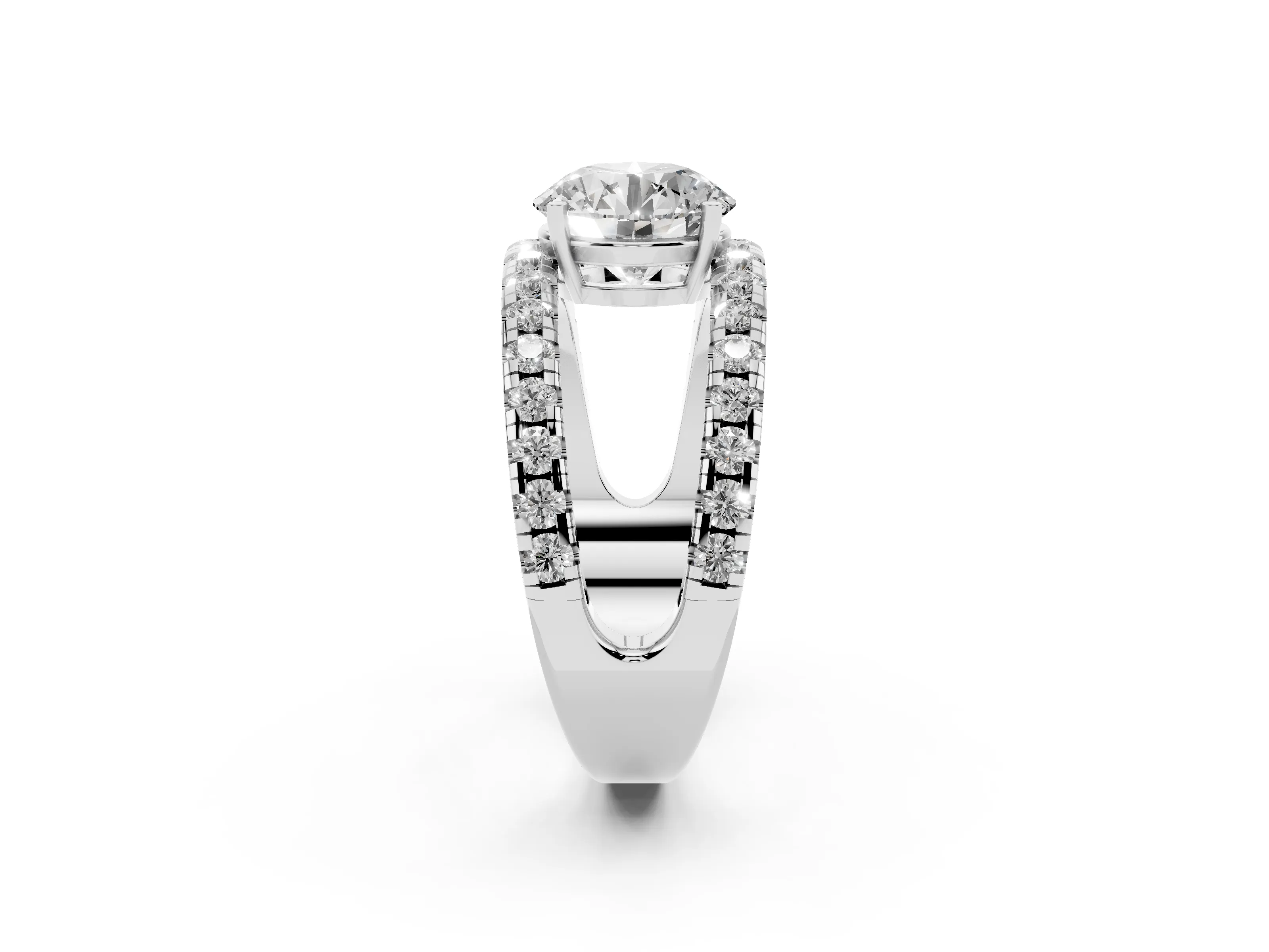 Round Cut Diamond Split Shank Pavé Solitaire Ring Set in White gold with Open Shank Design
