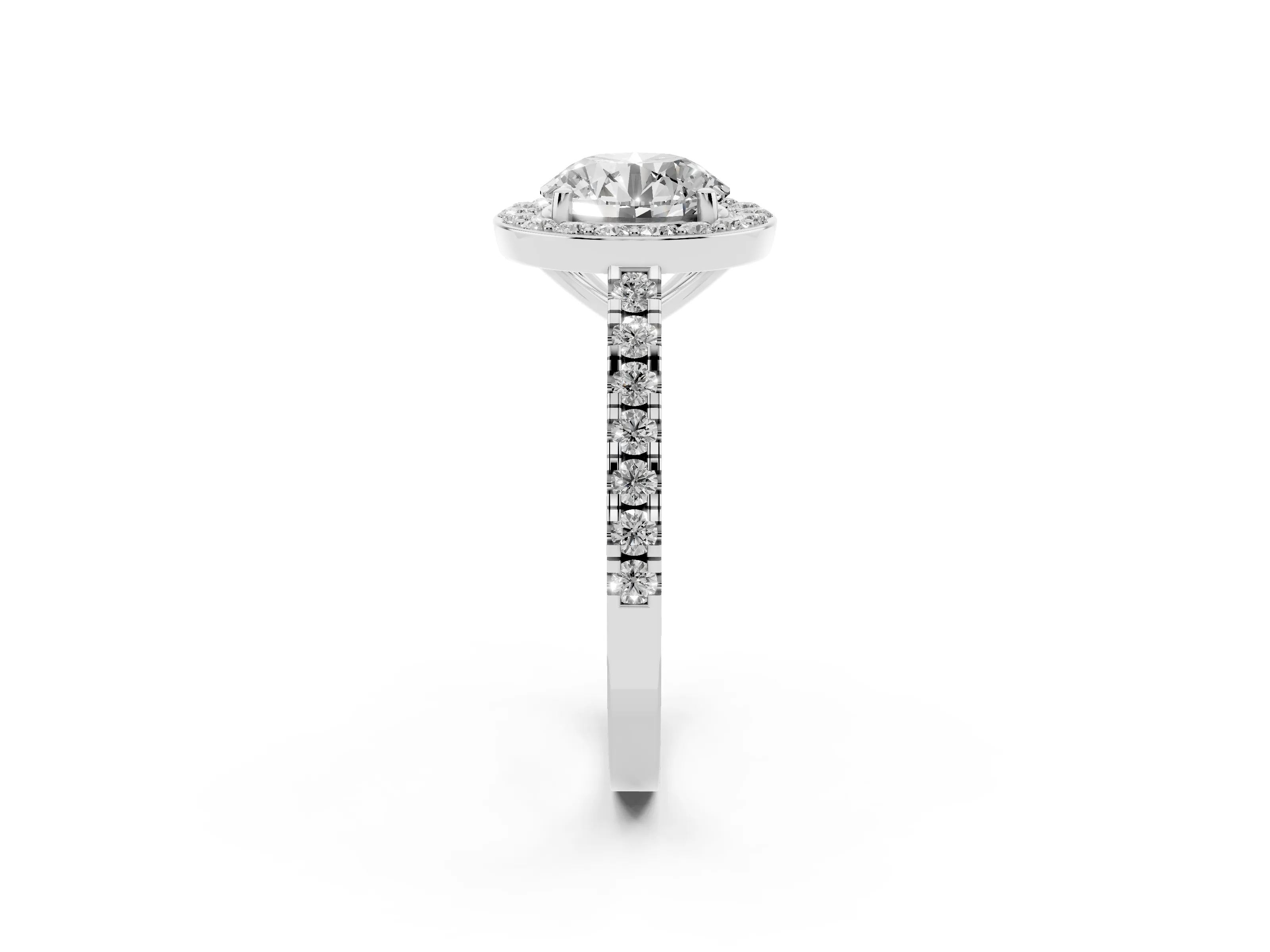 Round Cut Diamond Halo Ring Set in Silver with Round Pavé Split Shank and Prong Setting