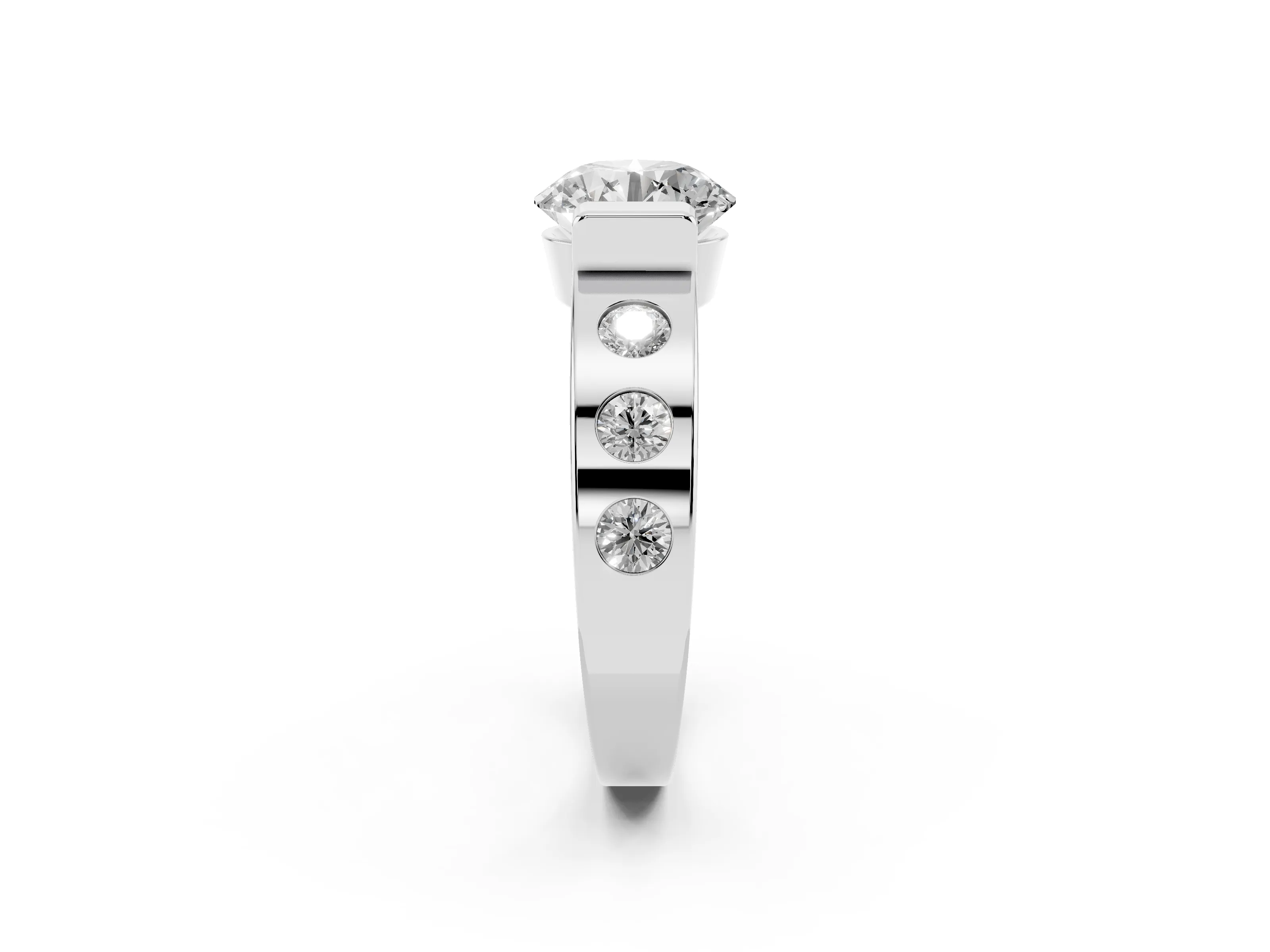 Round Cut Diamond Channel-Set Band Ring Set in Silver with Bezel Prong Setting