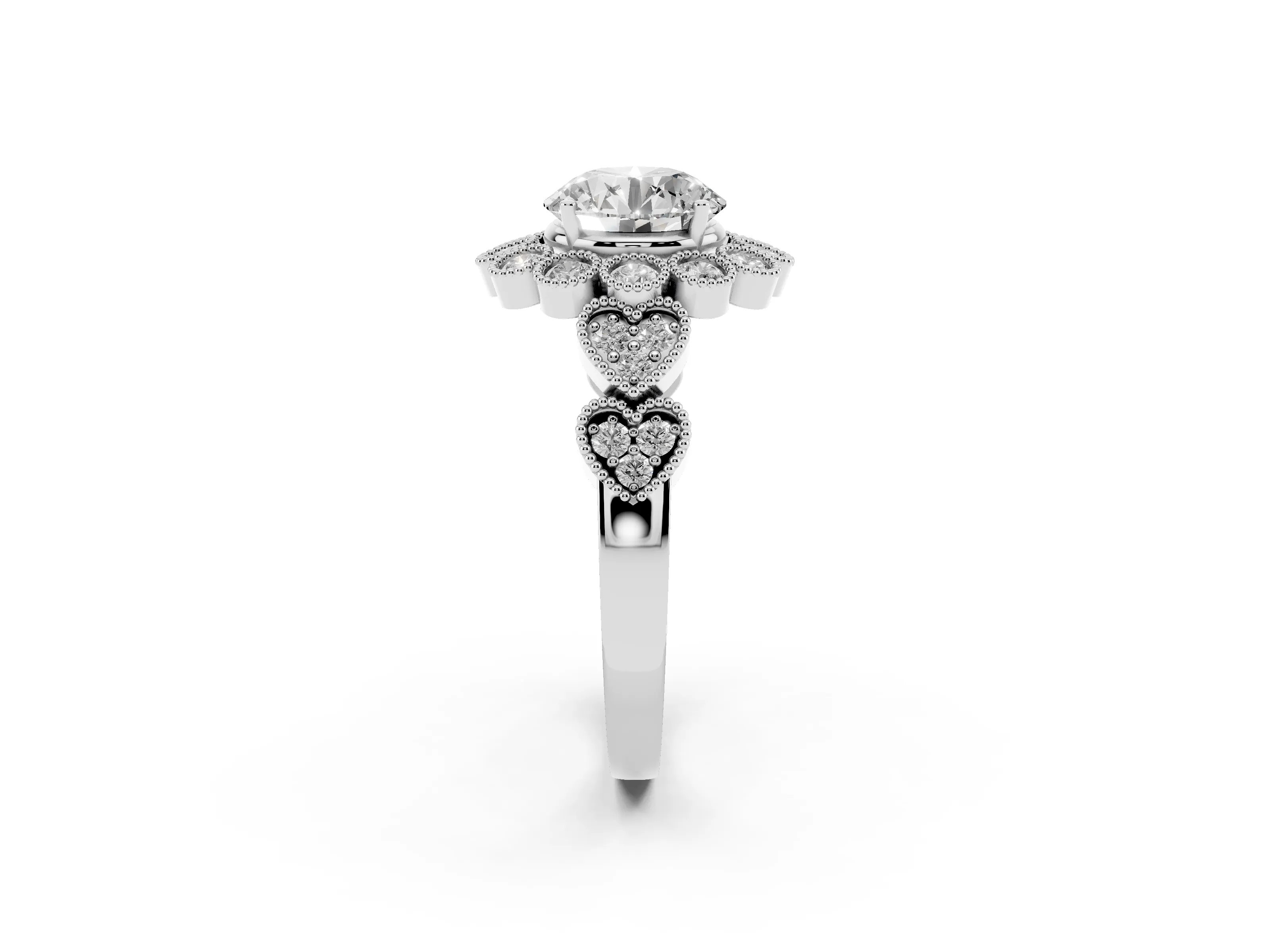 Round Cut Diamond Solitaire Ring Set in Silver with Milgrain Pavé Heart Band