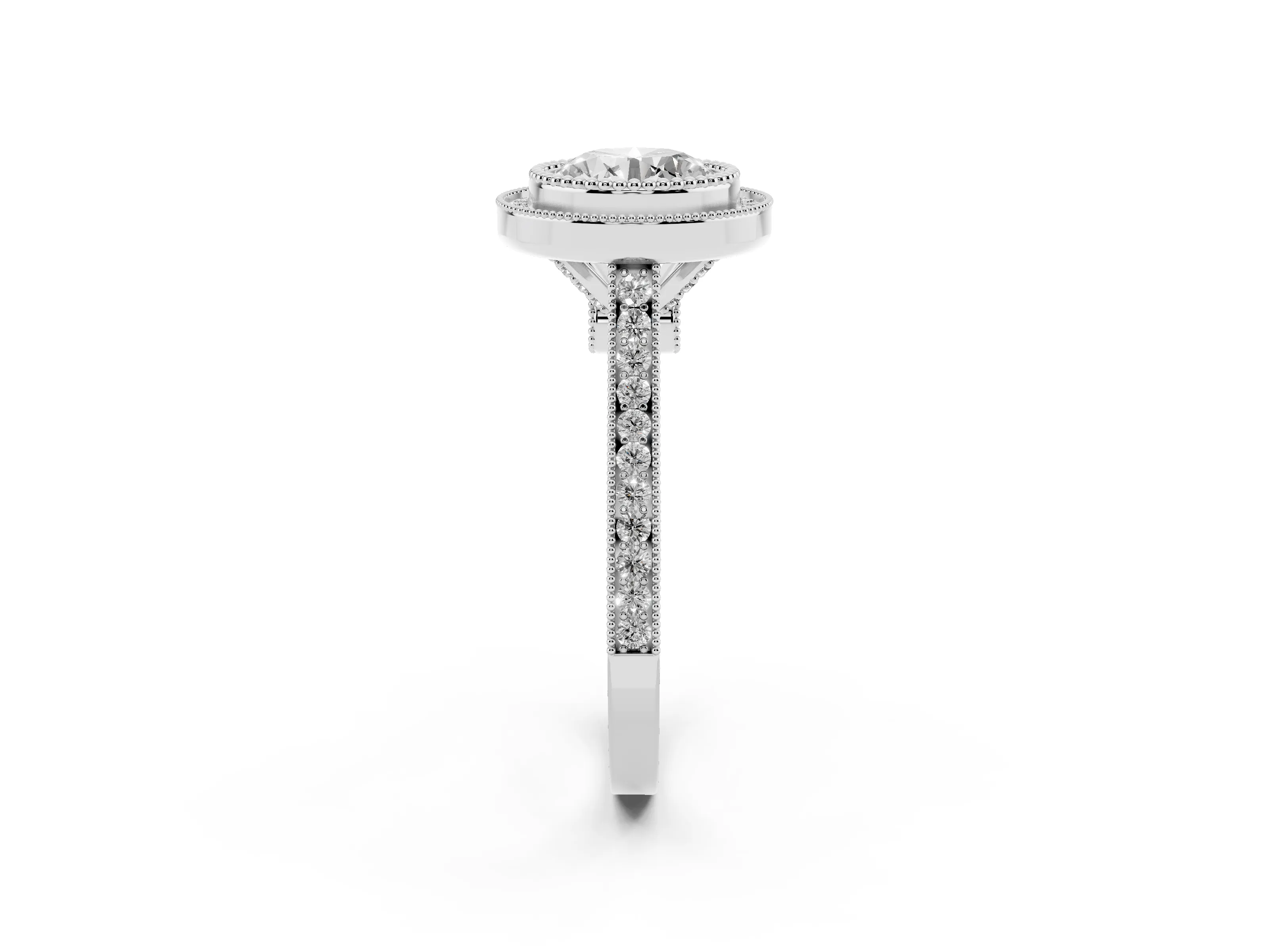 Round Cut Diamond Halo Ring Set in Platinum with Milgrain Frame and Pavé Band