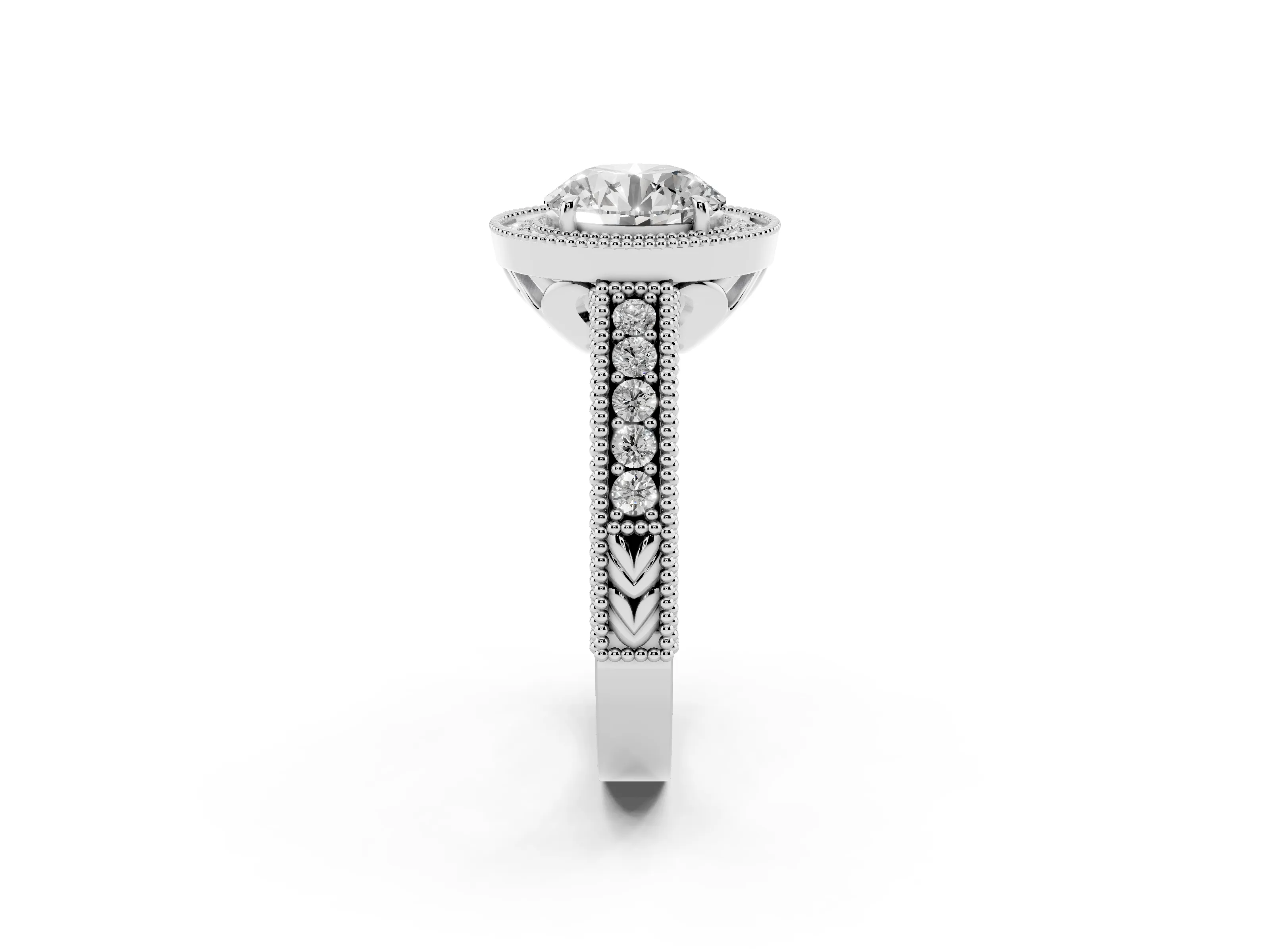 Round Cut Diamond Halo Ring Set in White gold with Round Accent Halo, Pavé Band and Prong Setting
