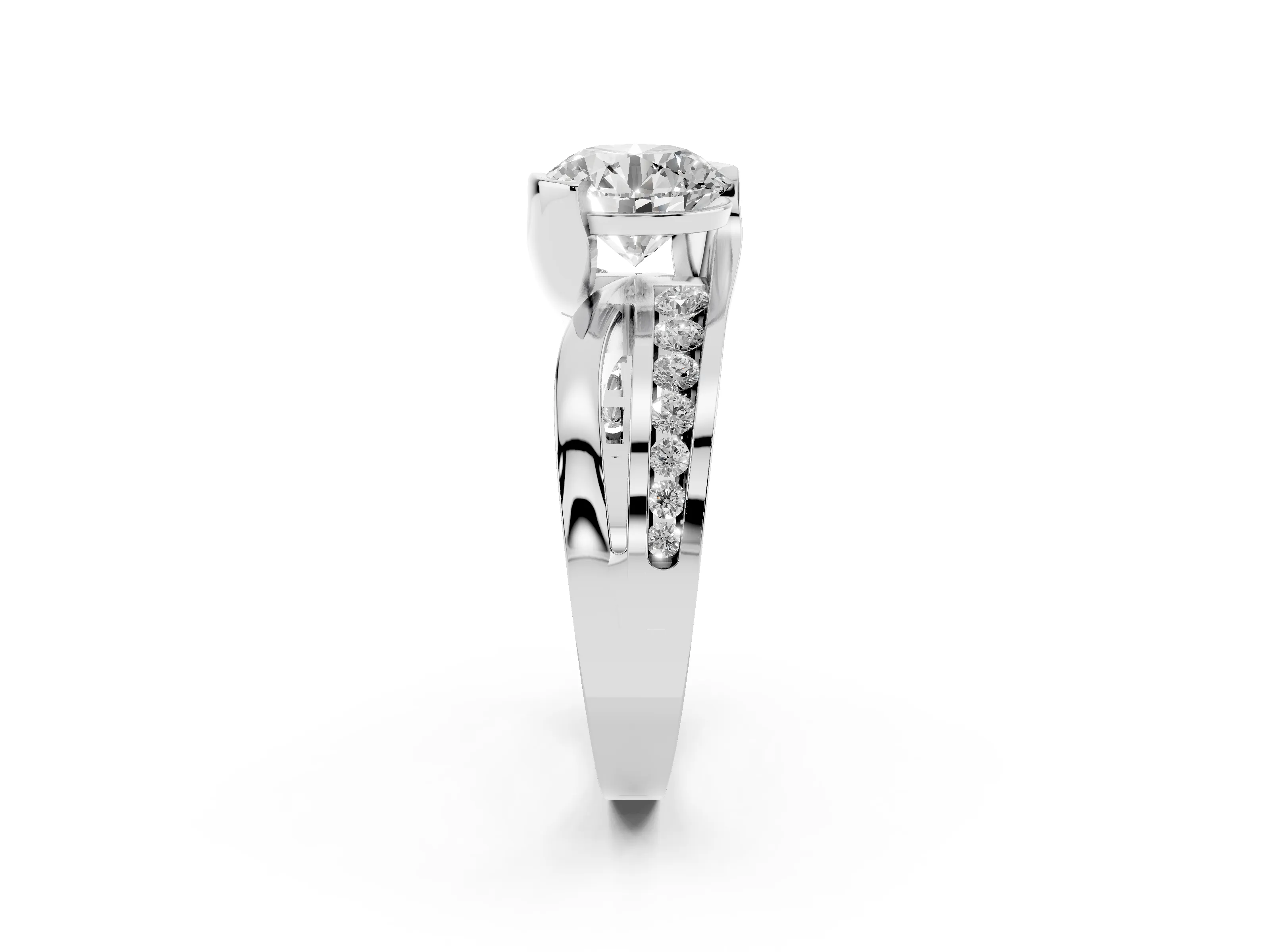 Round Cut Diamond Solitaire Ring Set in Silver with Channel Set Split Shank and Tension Prongs