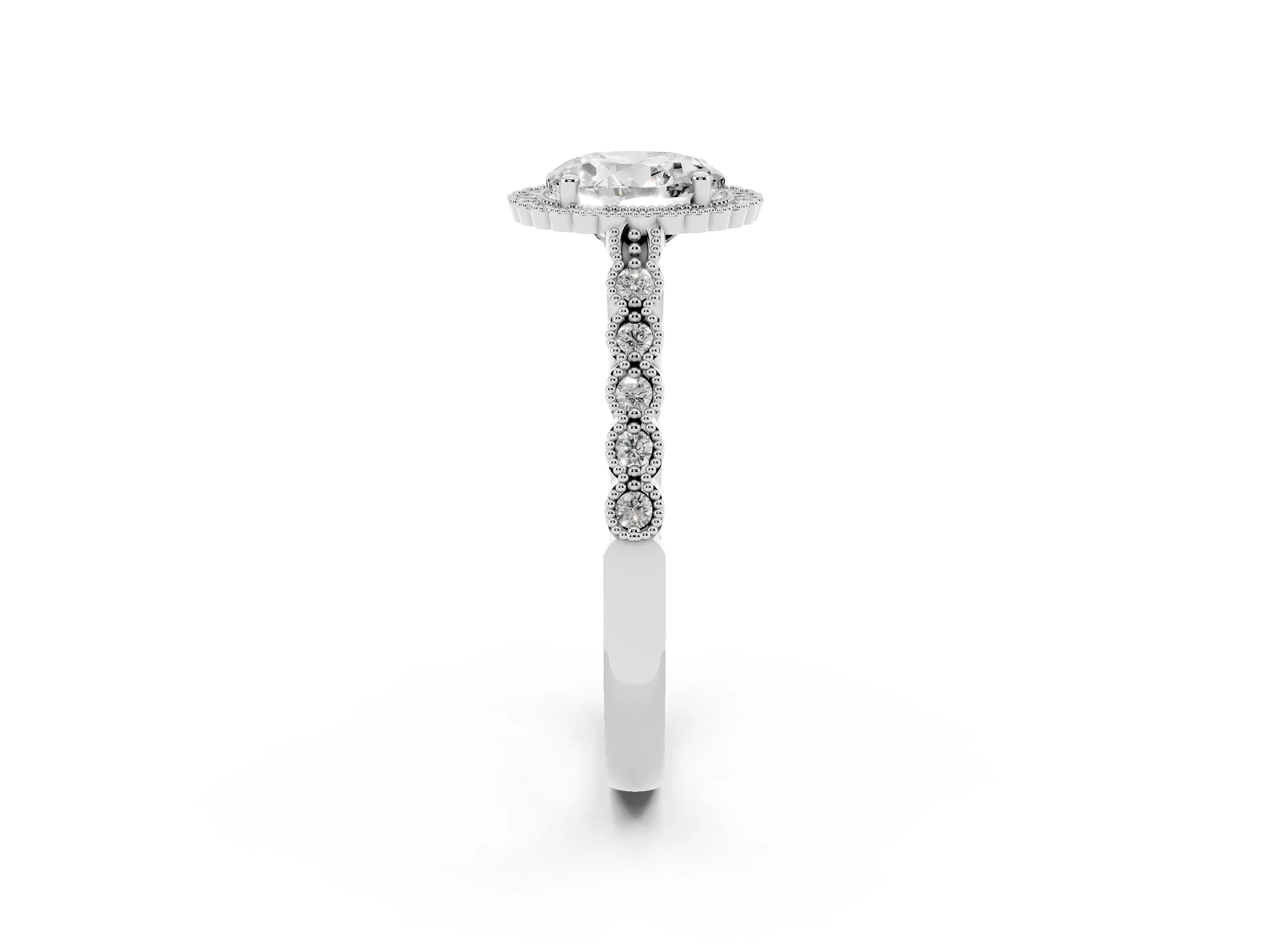 Round Cut Diamond Halo Ring Set in White gold with Pavé Milgrain Band
