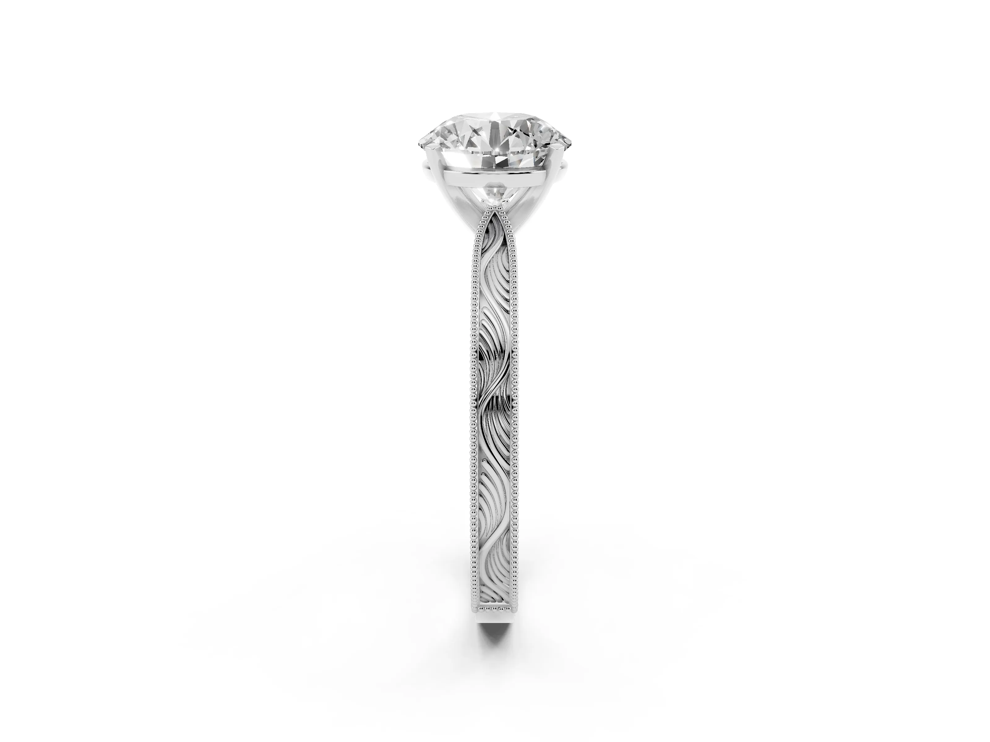 Round Cut Diamond Solitaire Milgrain Engraved Band Set in Platinum with Prong Setting
