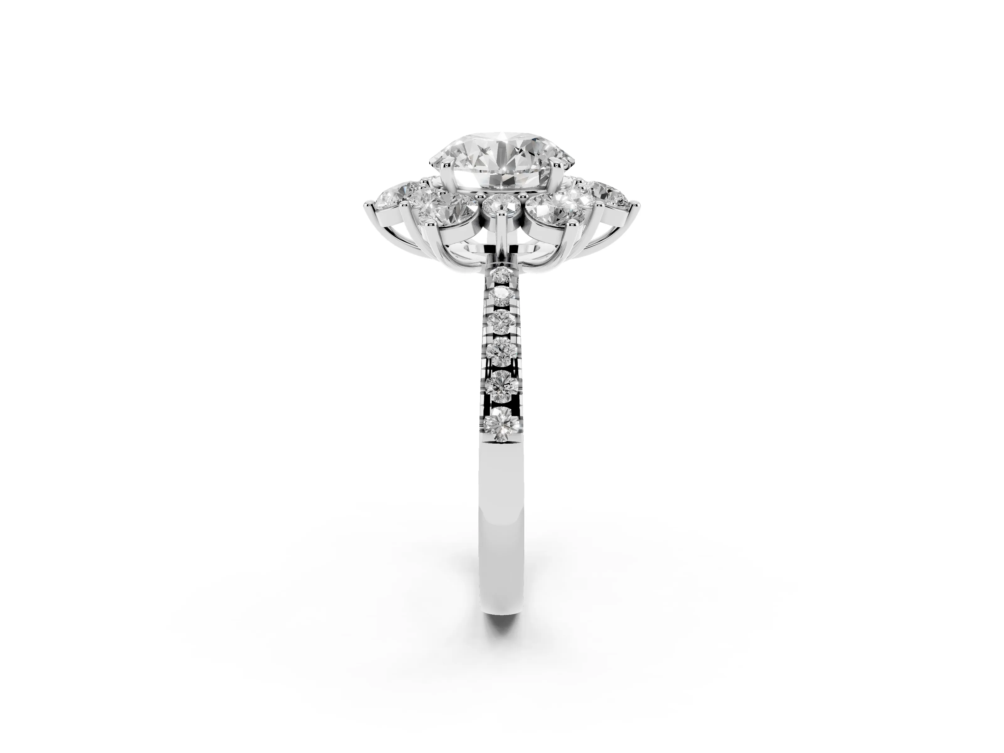 Round Cut Diamond Floral Halo Ring Set in White gold with Round Pavé Band and Prong Setting