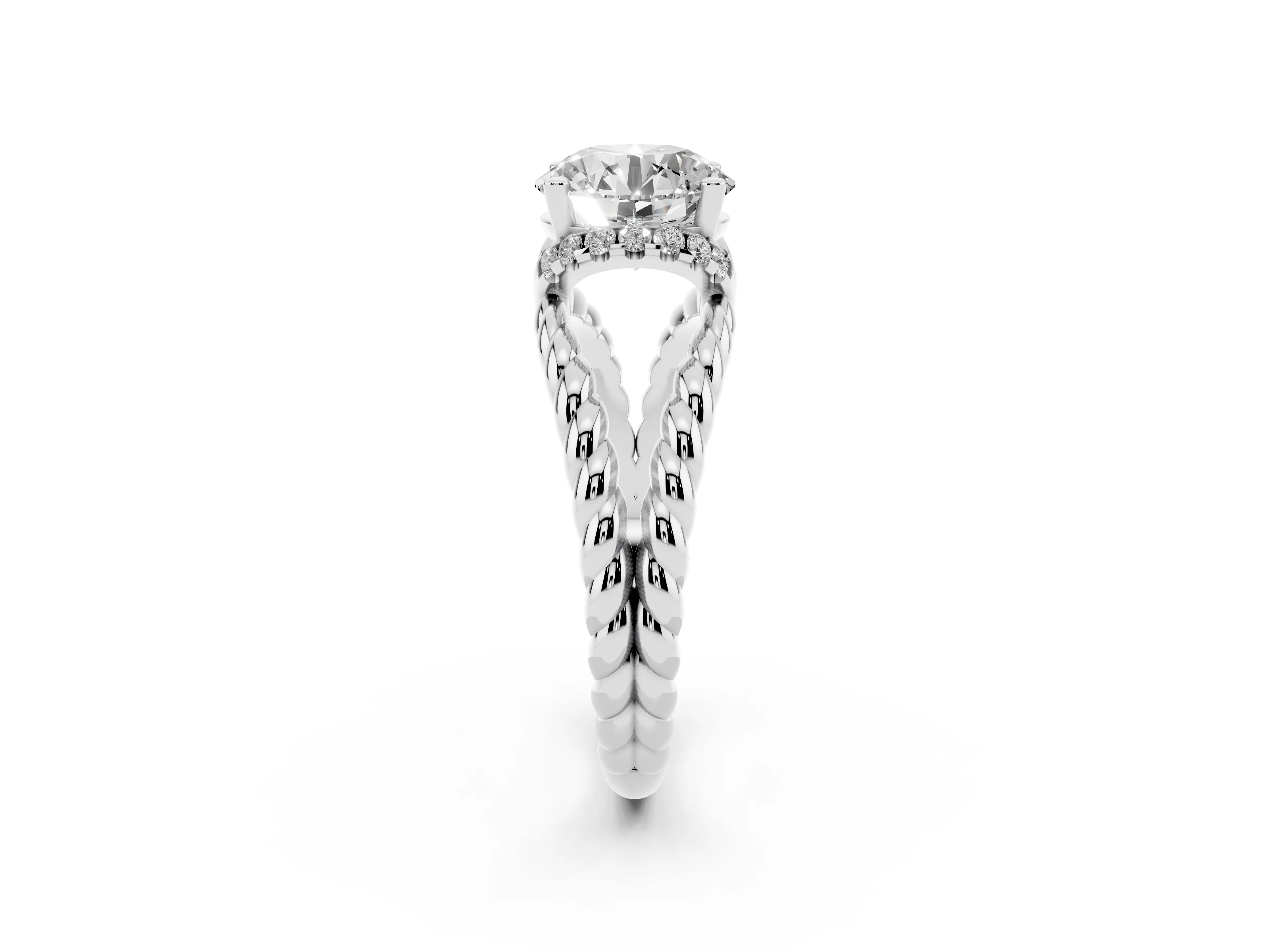 Round Cut Diamond Halo Ring Set in White gold with Twisted Band and Prong Setting