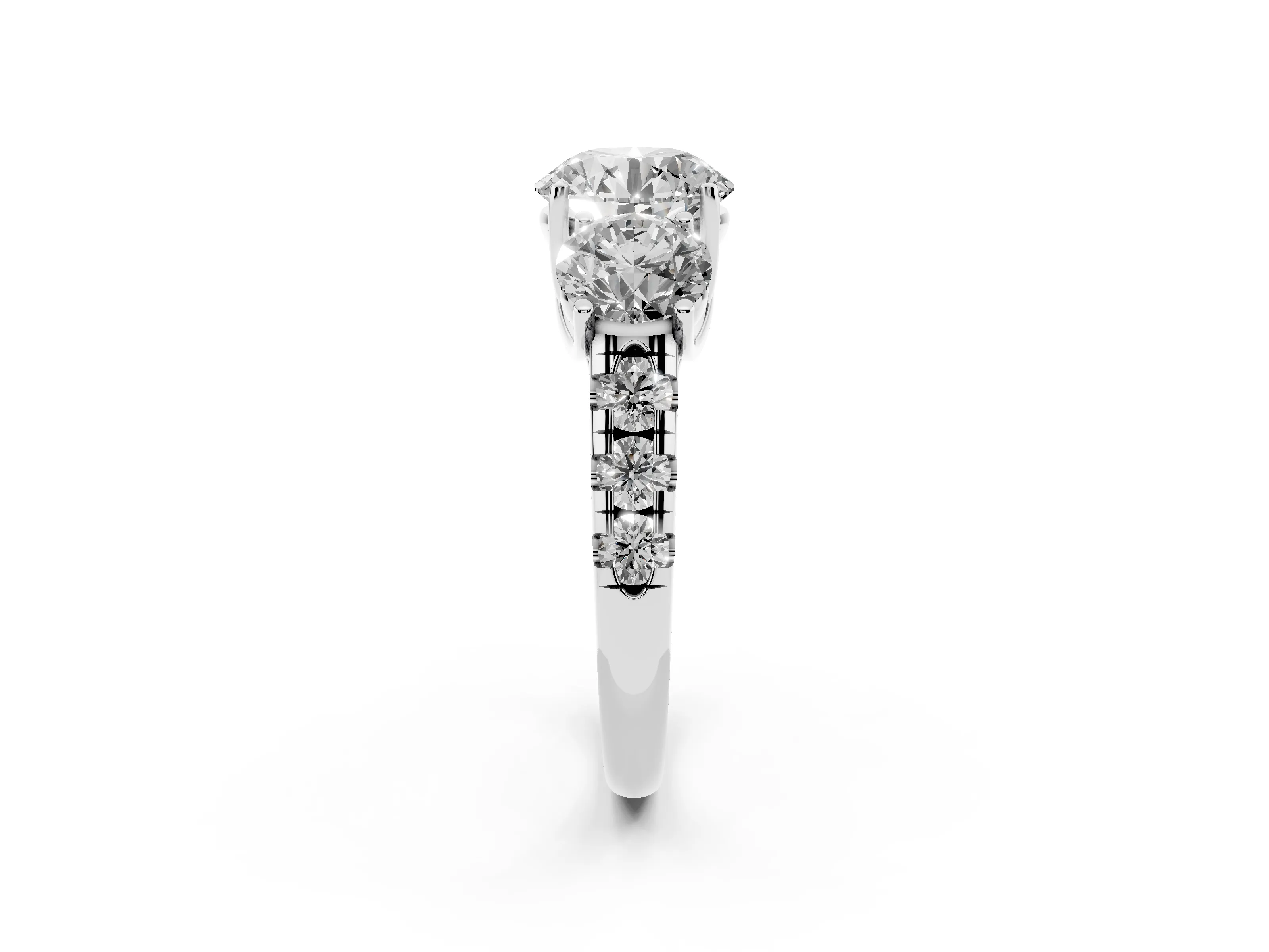 Round Cut Diamond Three-Stone Ring Set in White gold with Pavé Band