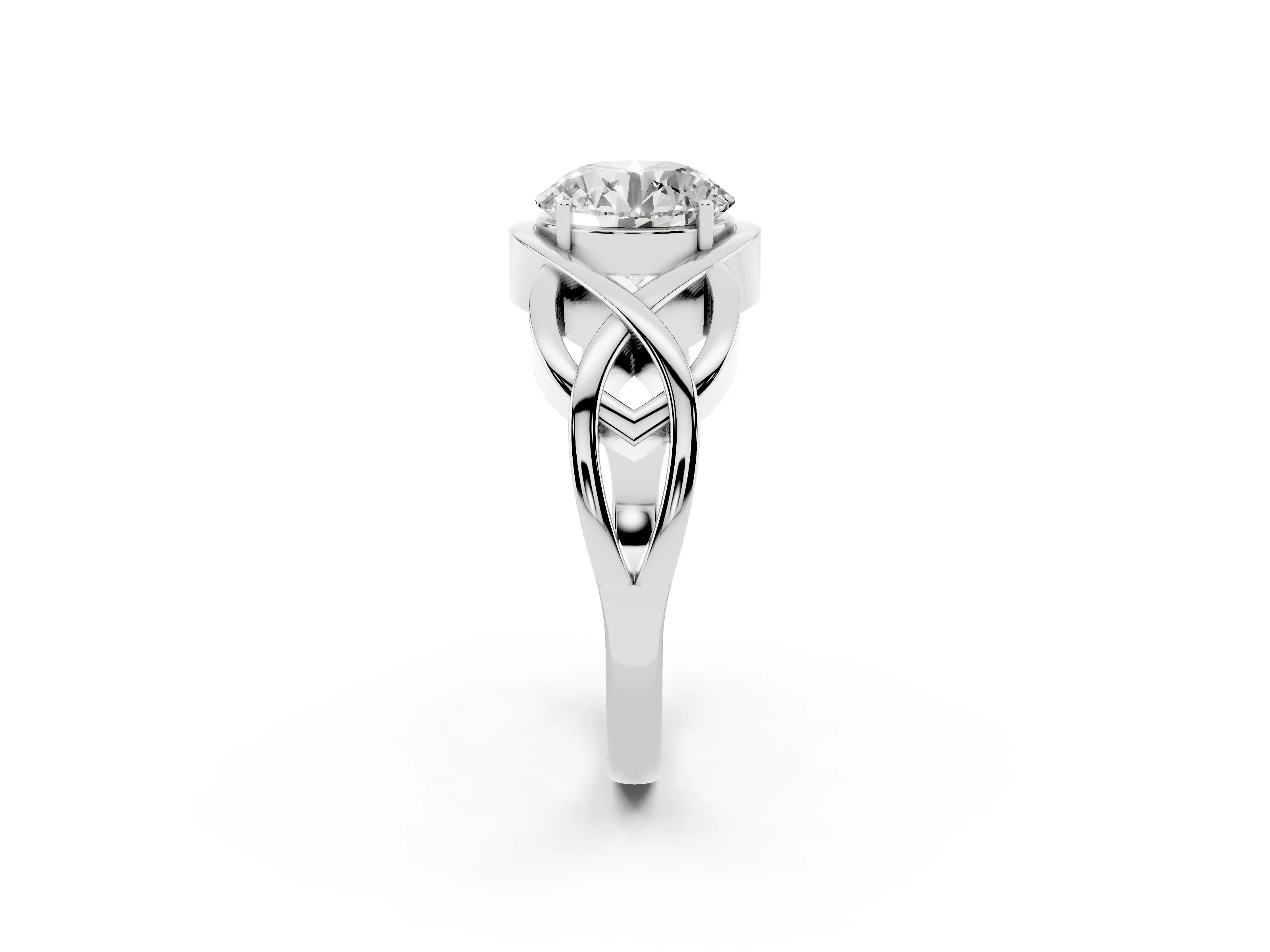 Round Cut Diamond Solitaire Ring Set in Silver with Intertwined Band