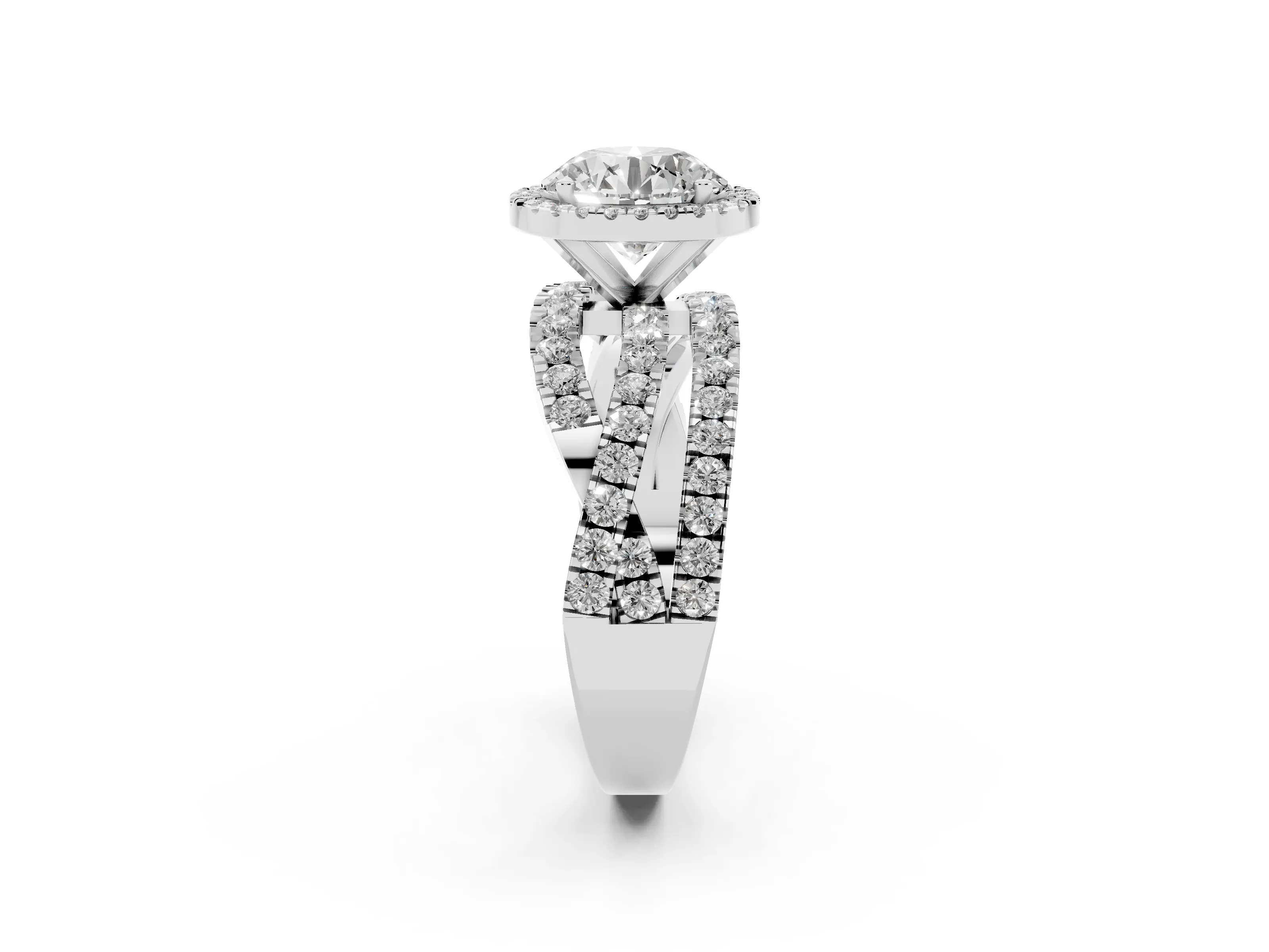 Round Cut Diamond Halo Ring Set in White gold with Round Crossover Split Shank and Prong Setting