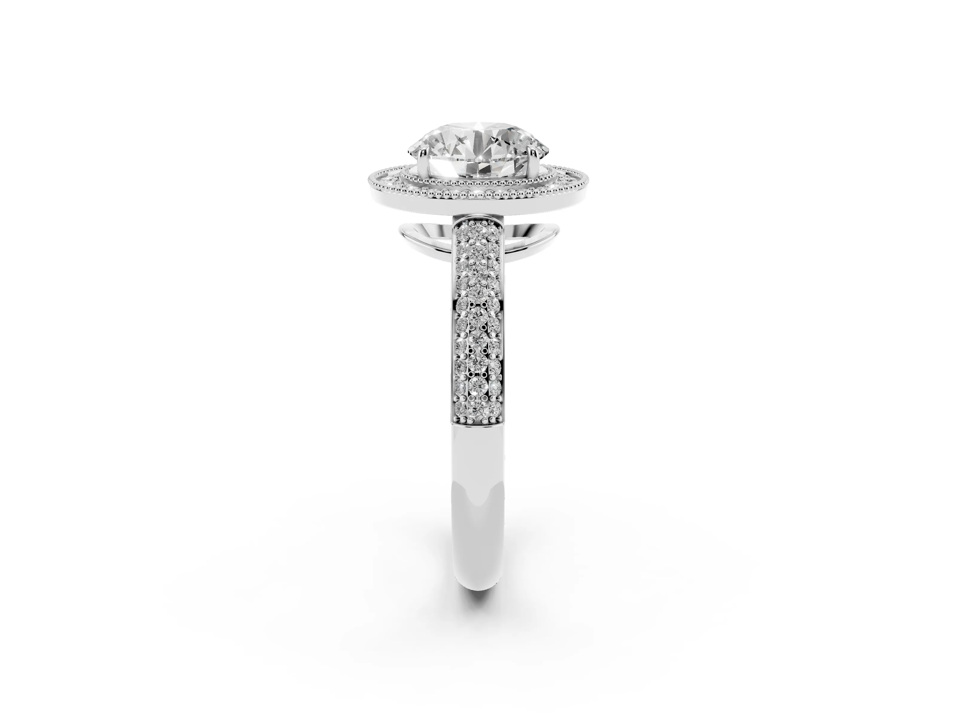 Round Cut Diamond Halo Pavé Band Set in Silver with Prong Setting
