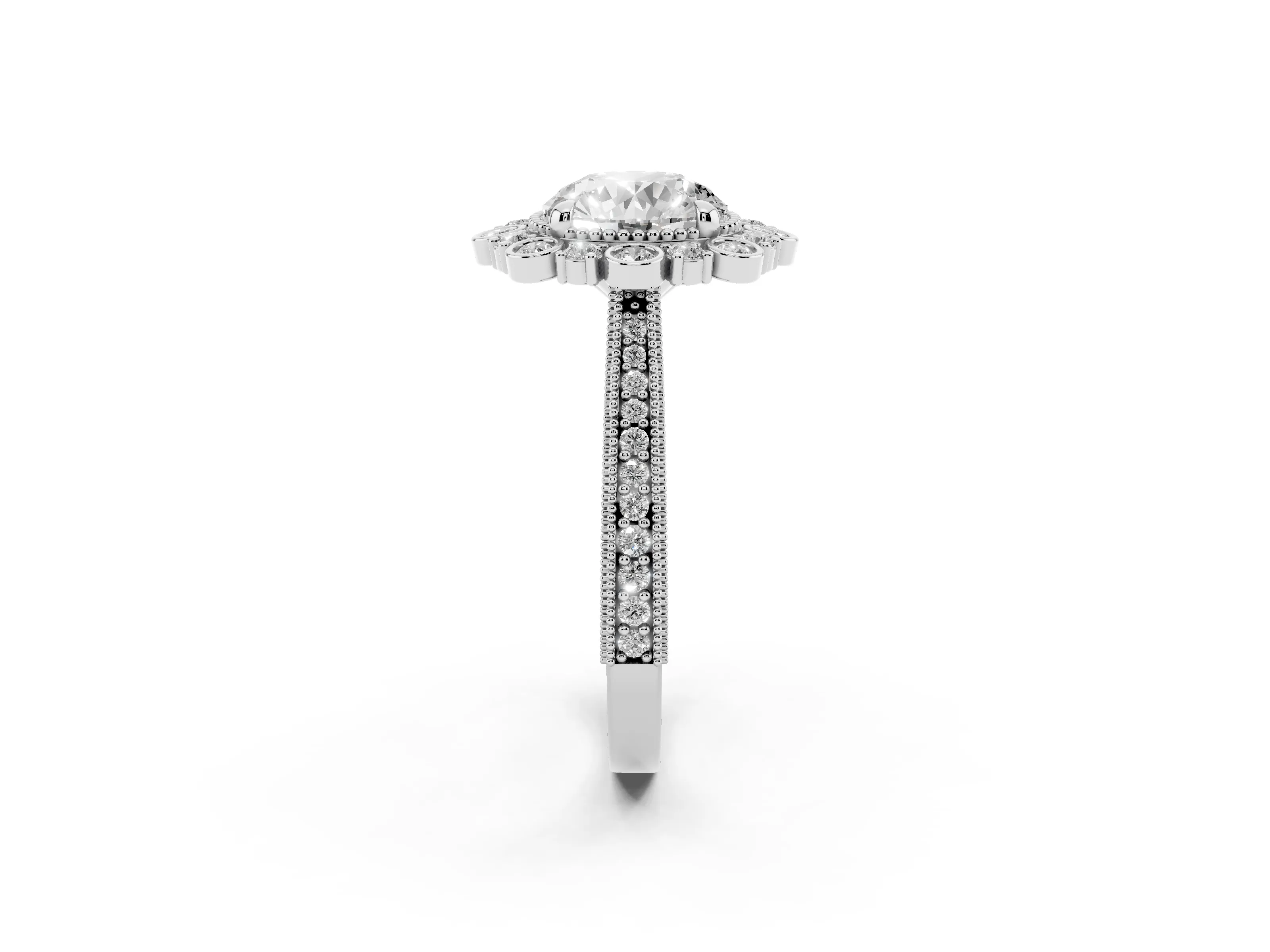 Round Cut Diamond Halo Milgrain Pavé Ring Set in White gold with Prong Setting