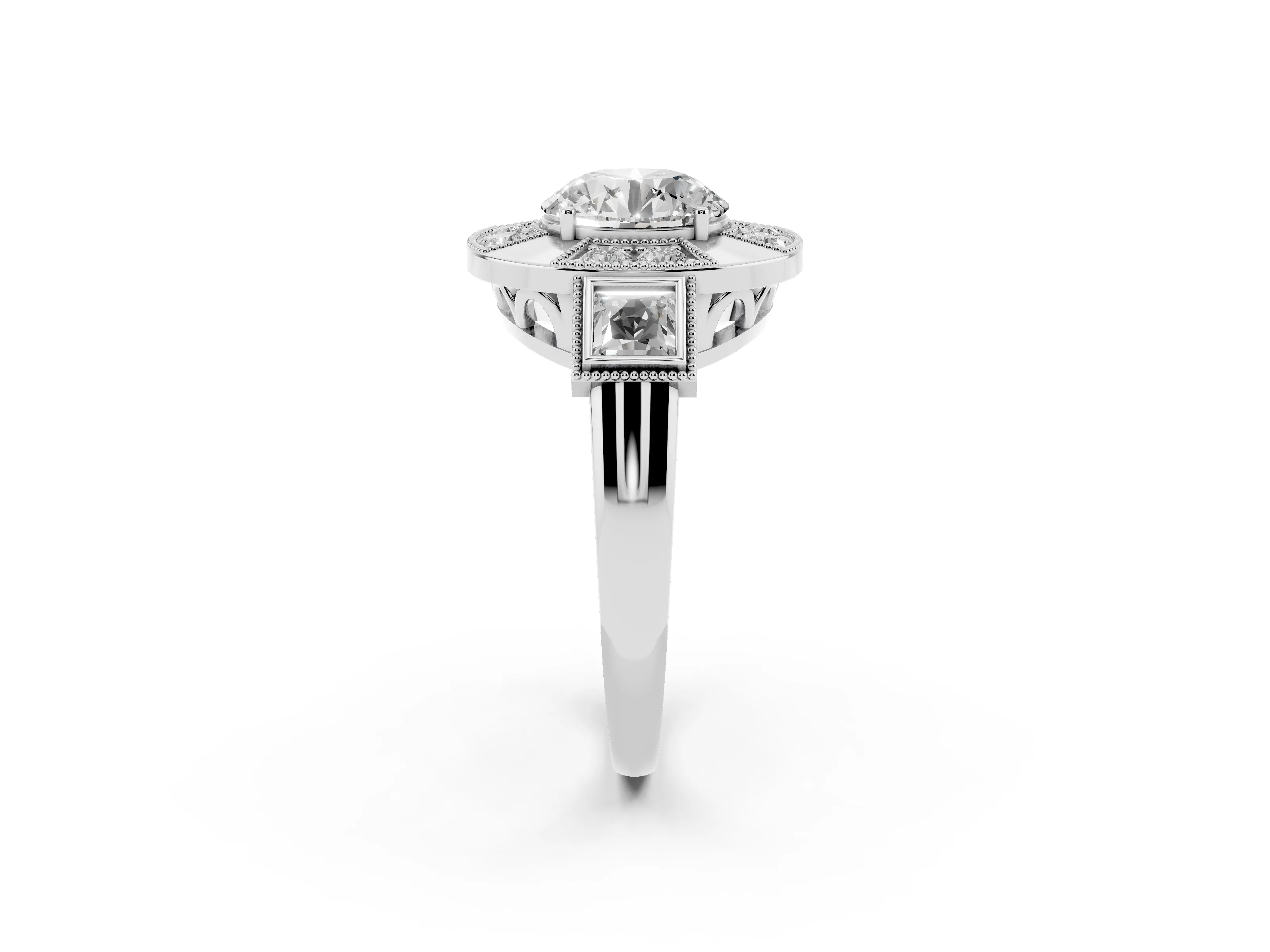 Round Cut Diamond Milgrain Halo Ring Set in Silver with Split Shank