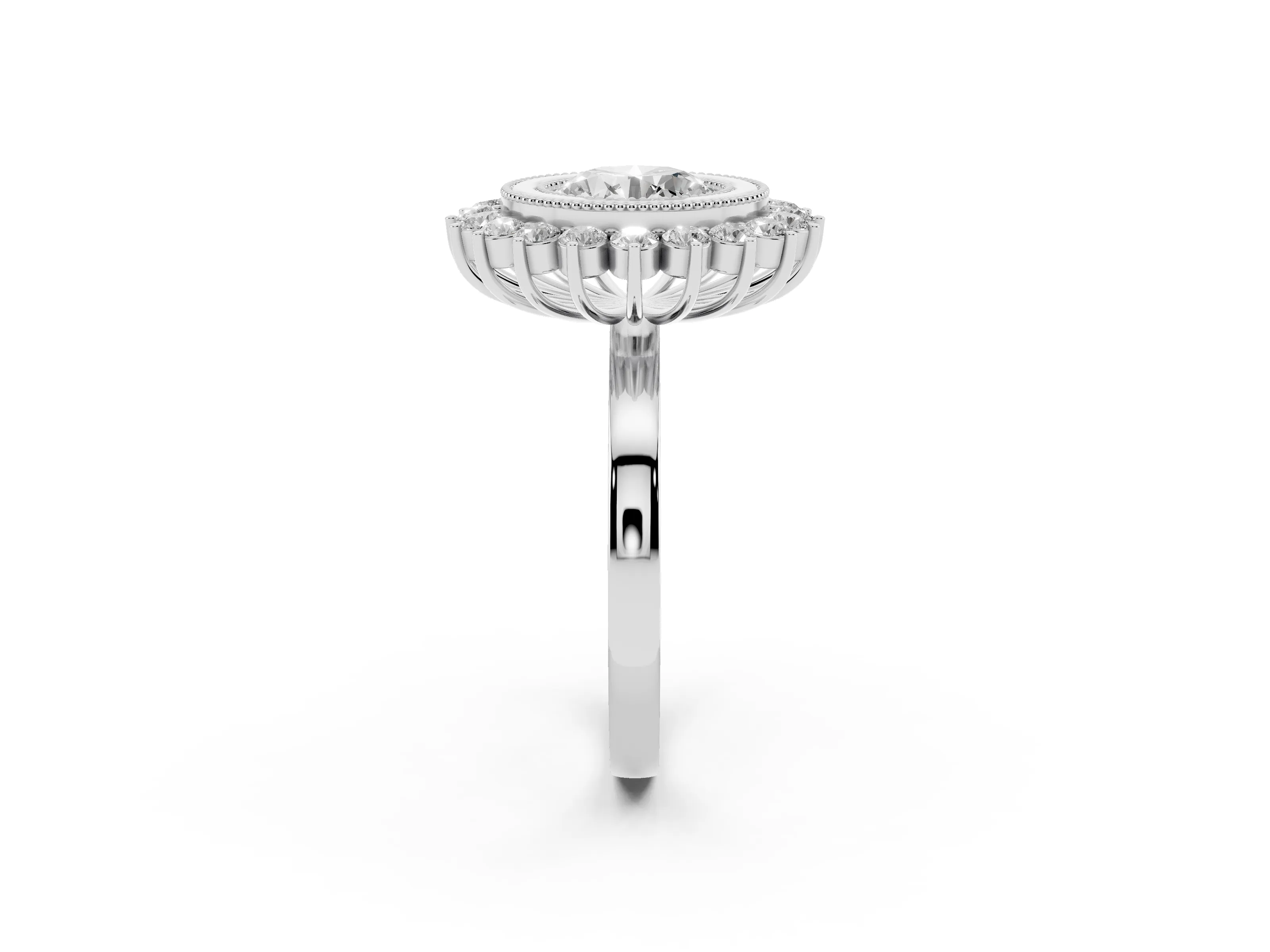 Round Cut Diamond Halo Ring Set in Silver with Milgrain Edge and Round Prong Setting