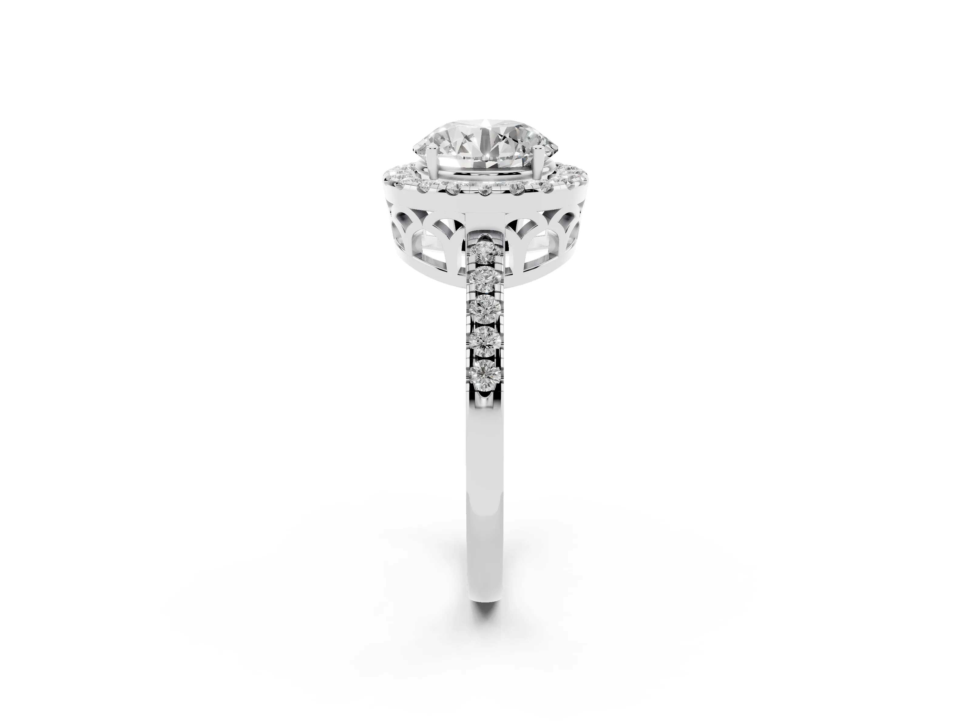 Round Cut Diamond Pavé Band Halo Engagement Ring Set in White gold with Prong Setting