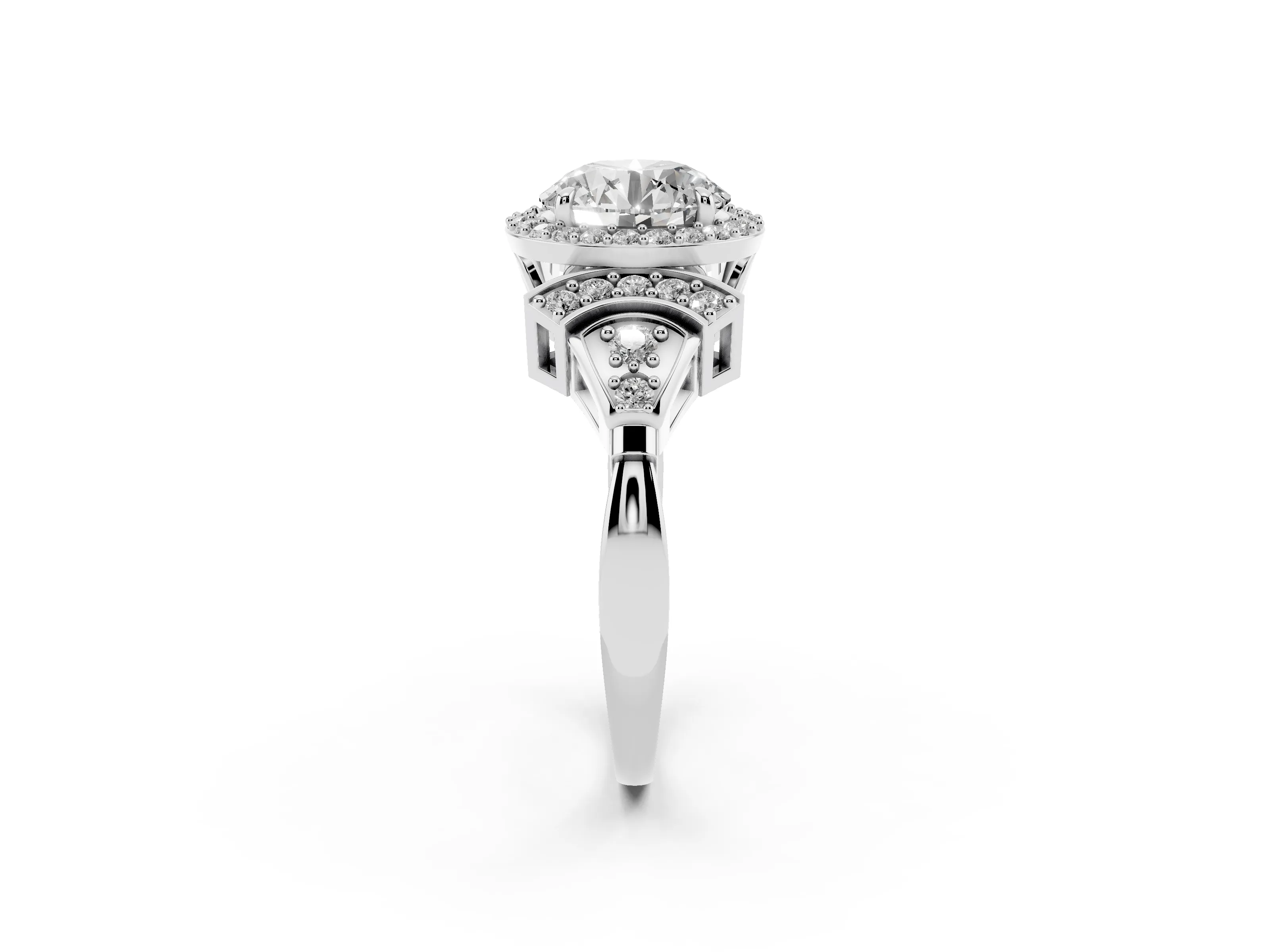 Round Cut Diamond Halo Engagement Ring Set in Silver with Accent Stone Split Shank