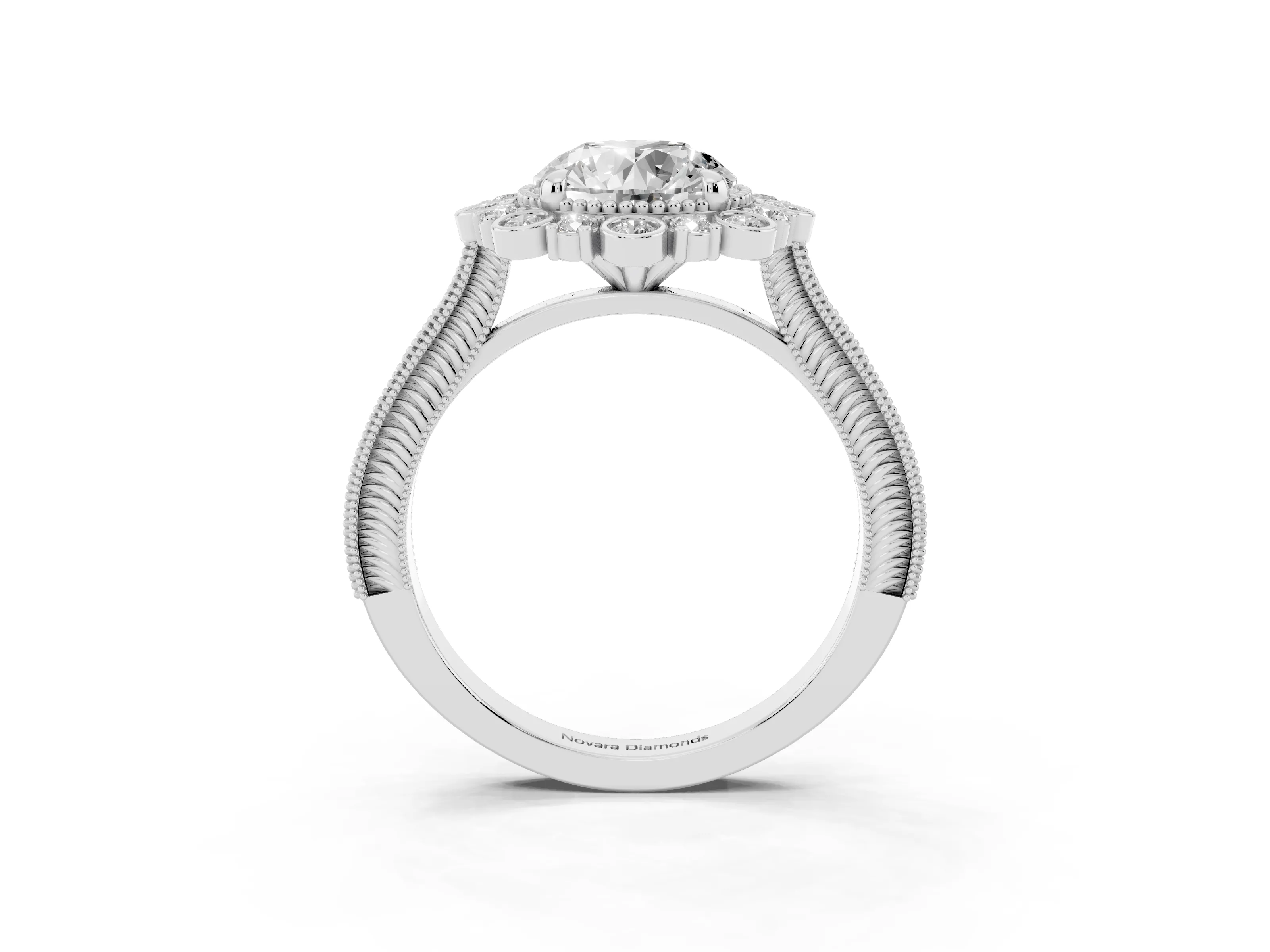 Round Cut Diamond Halo Milgrain Pavé Ring Set in White gold with Prong Setting