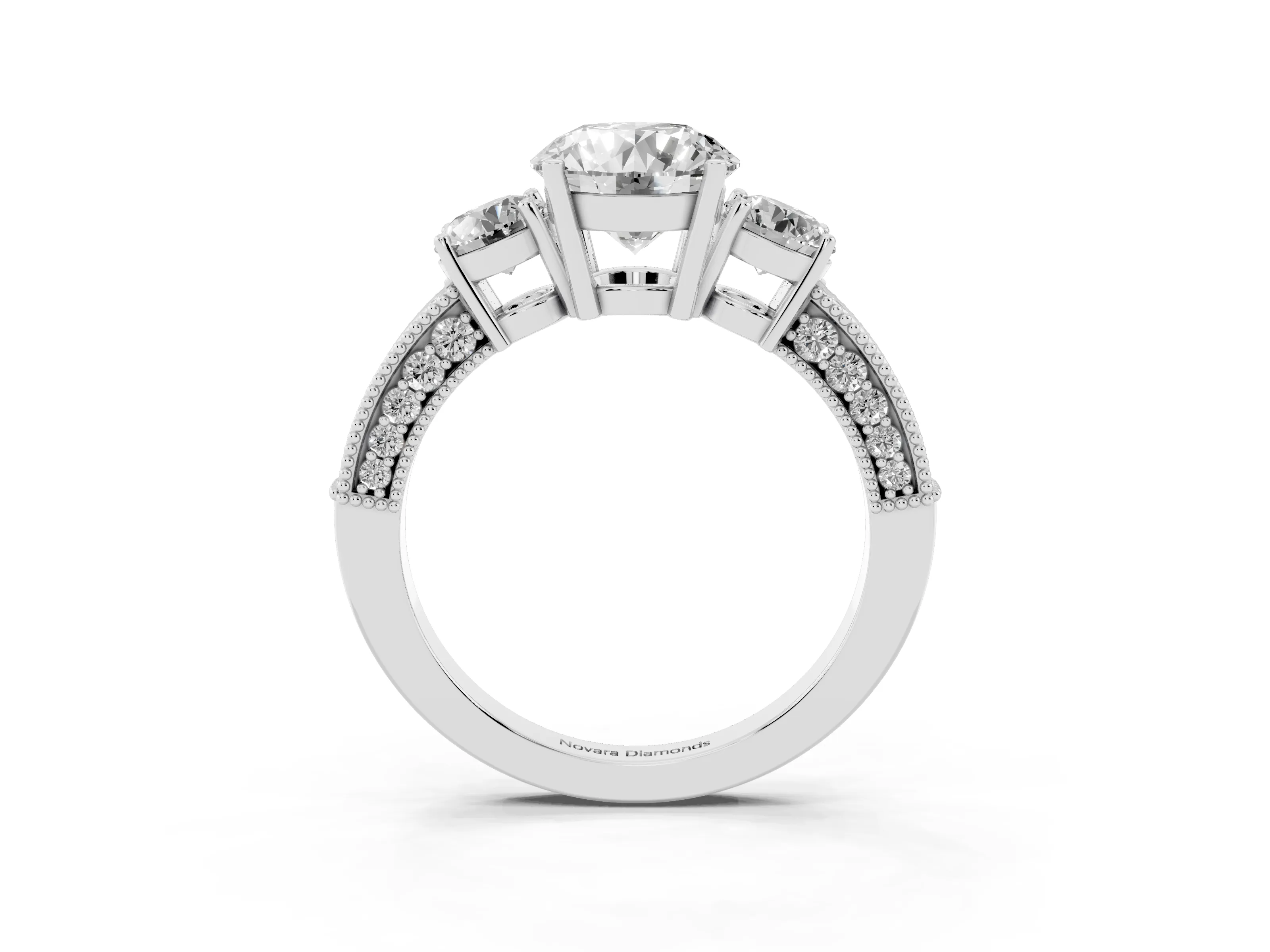 Round Cut Diamond Three-Stone Ring Set in White gold with Round Side Stones and Pavé Band