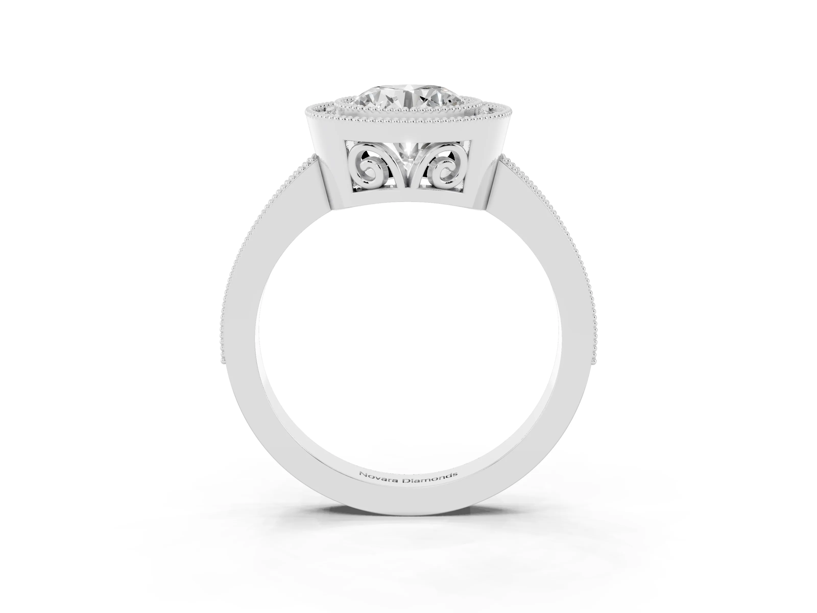 Round Cut Diamond Halo Ring Set in White gold with Pavé Band and Milgrain-Edged Prongs