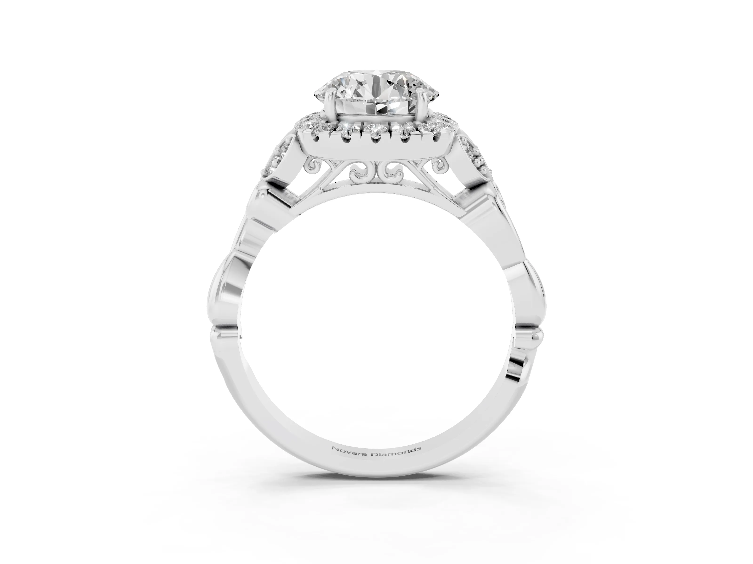 Round Cut Diamond Halo Engagement Ring Set in White gold with Vintage-Inspired Band and Prong Setting