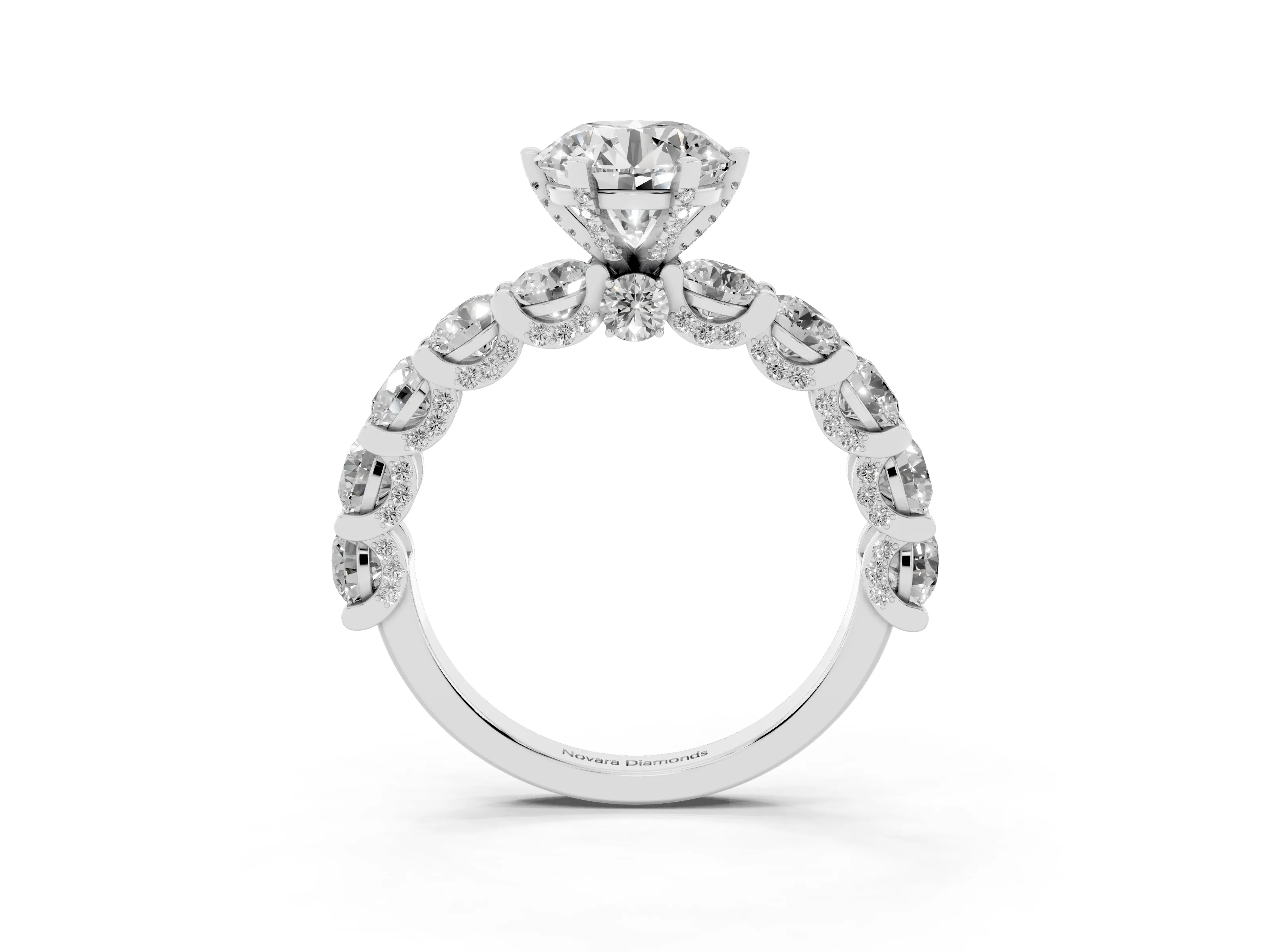 Round Cut Diamond Side Stone Ring Set in Silver with Alternating Round and Oval Side Stones