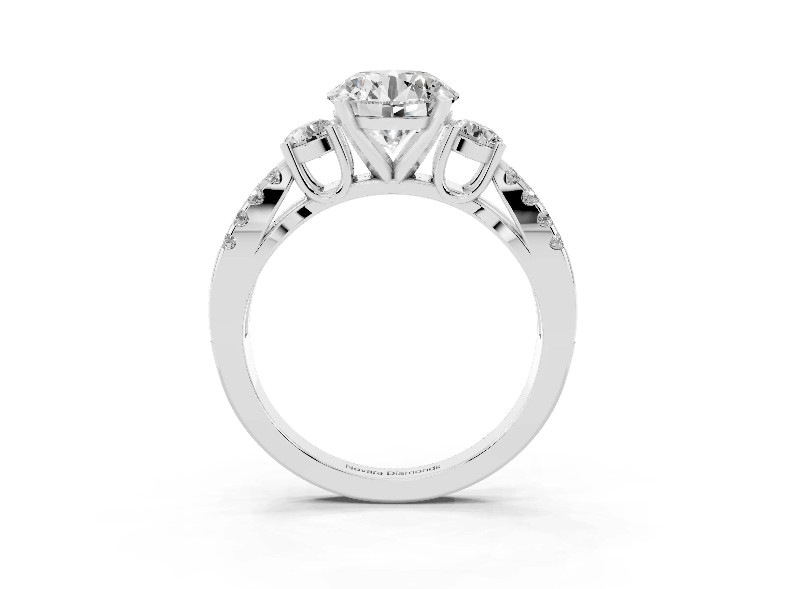 Round Cut Diamond Three-Stone Ring Set in Silver with Pavé Split Shank and Prong Setting