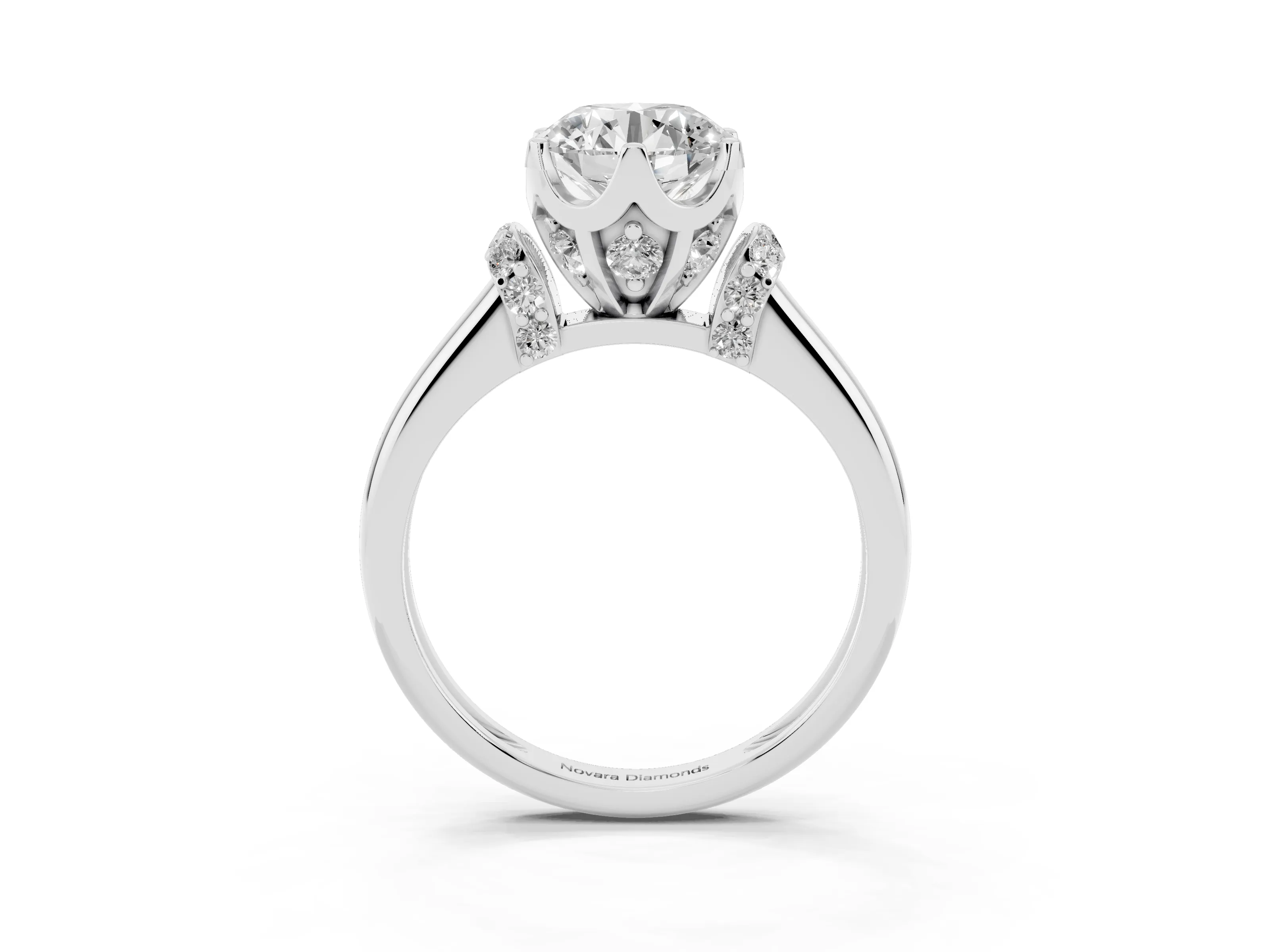 Round Cut Diamond Cathedral Solitaire Engagement Ring Set in Platinum with Pavé Accents