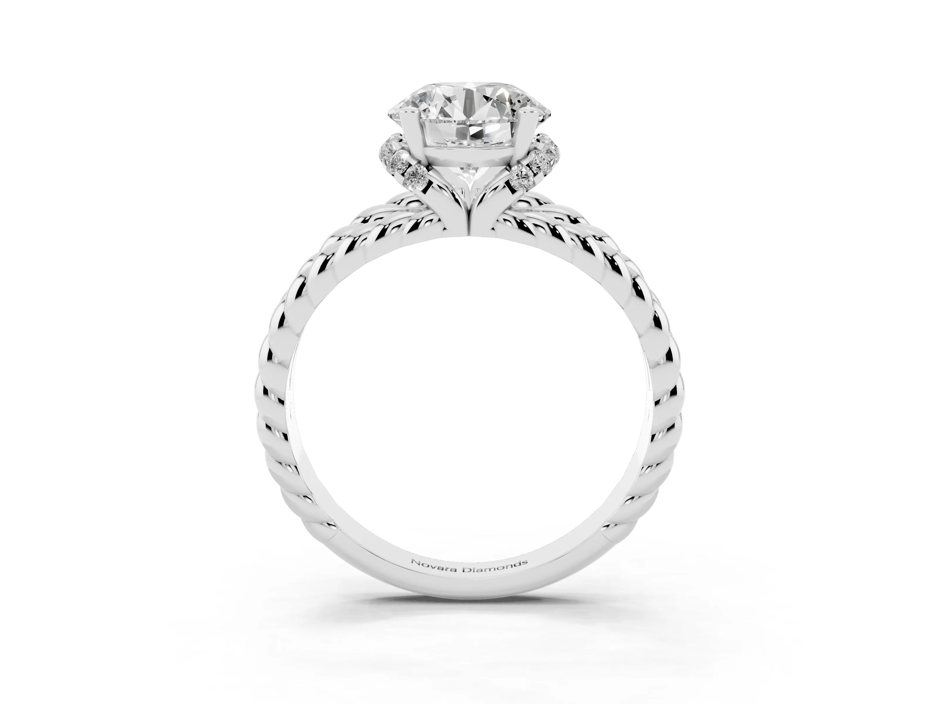 Round Cut Diamond Halo Ring Set in White gold with Twisted Band and Prong Setting