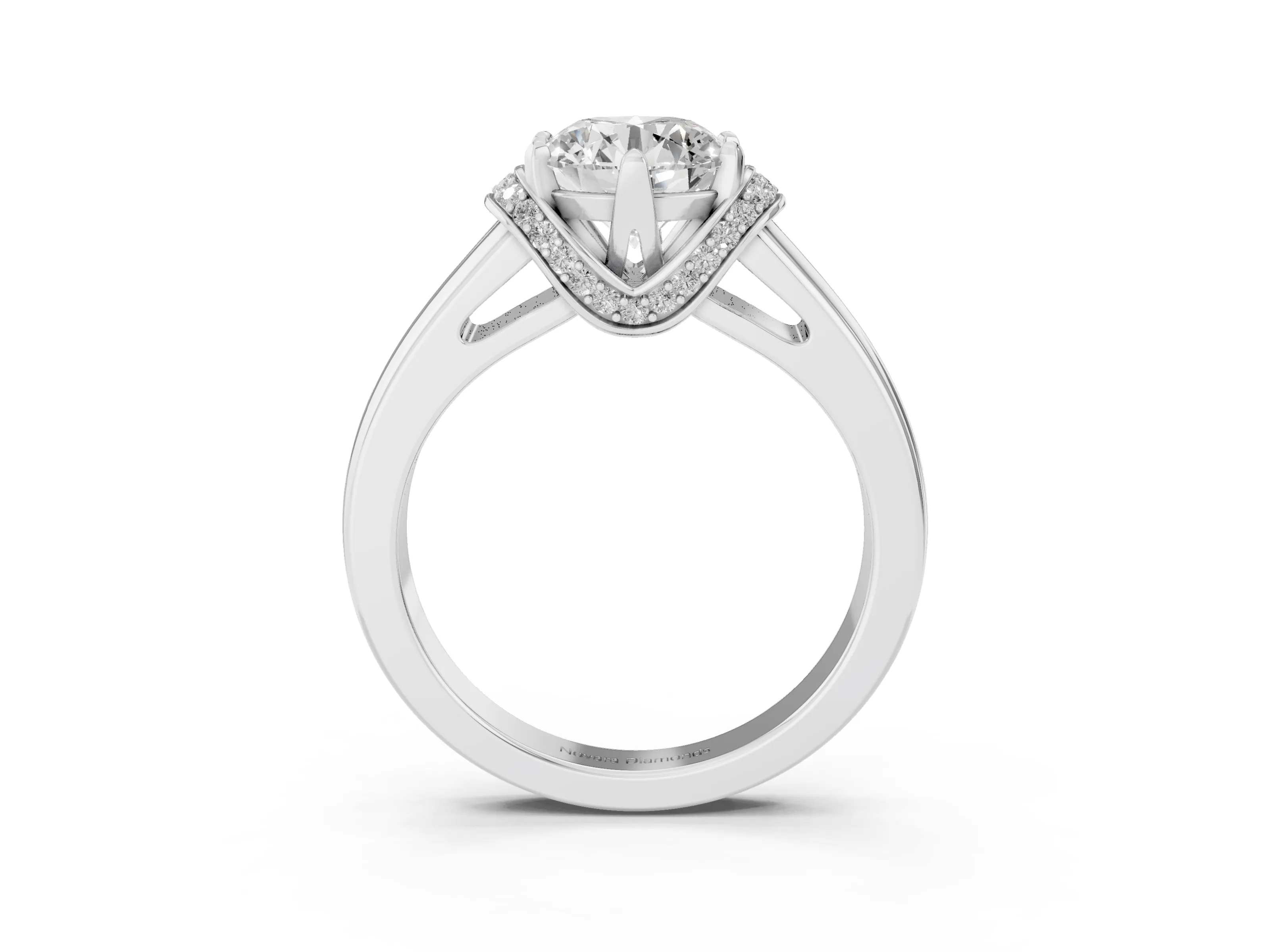 Round Cut Diamond Pavé Band Solitaire Ring Set in Silver with Prong Setting